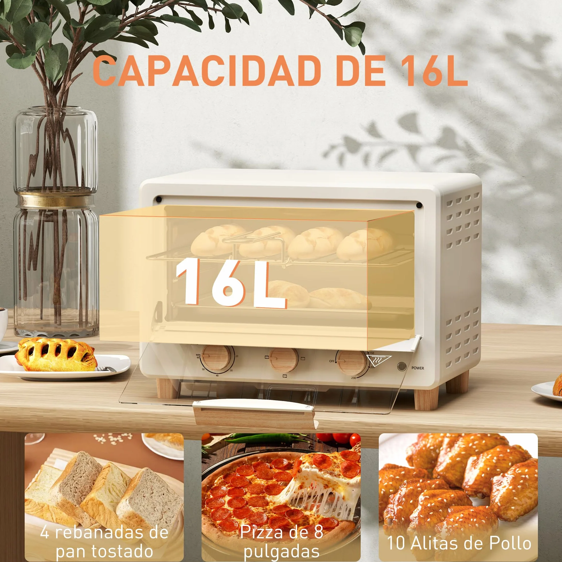 HOMCOM Horno Eléctrico de Sobremesa 16L 1400W con Puerta de Vidrio Temporizador y Temperatura Ajustables hasta 230℃ Crema