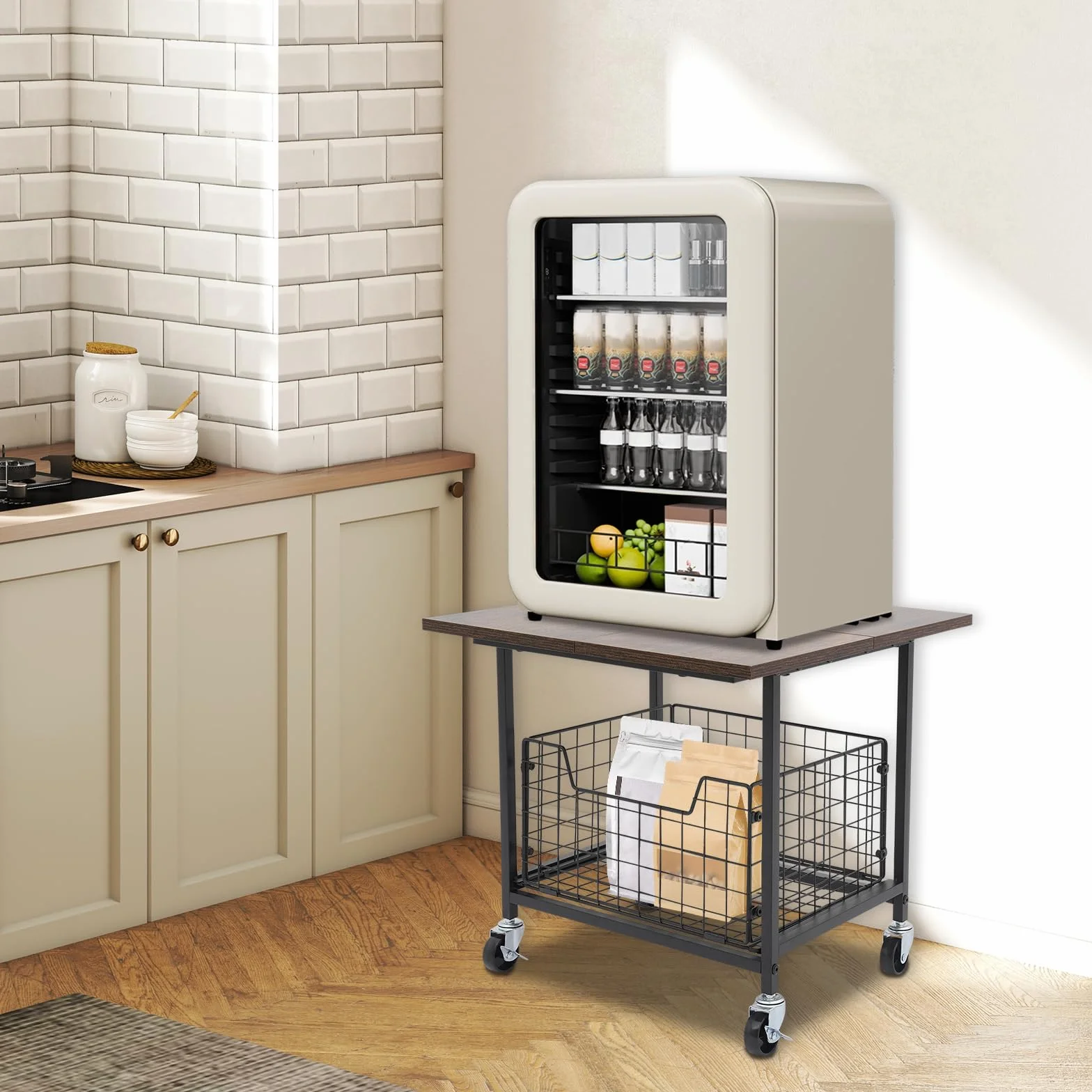 Mini soporte para nevera portátil resistente con ruedas y cesta de almacenamiento extensible, para hogar, oficina o dormitorio, hasta 150 kg (50 x 50 x 44,2 cm)