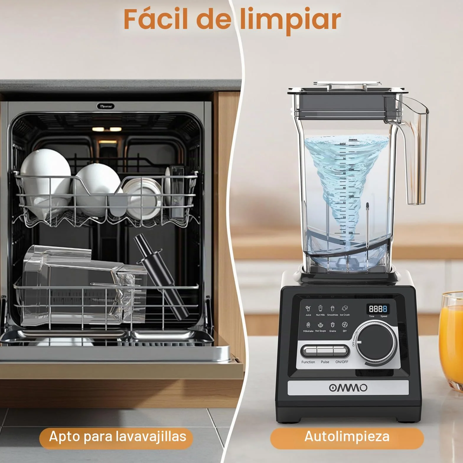 OMMO 2L Batidora de Vaso, 1800W Batidora Smoothies con 9 Controles de Velocidad para Hielo Roto, Batidos, Bebidas y Frutas Congeladas, Sin BPA