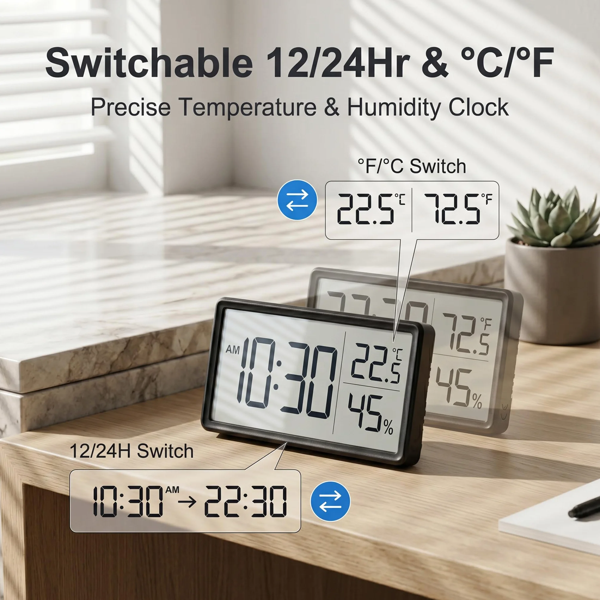 Termohigrómetro Digital LCD, Reloj Despertador con Medidor de Temperatura y Humedad, Reloj 12/24H, Conmutable ℃/℉, Funciona con Batería, Monitor de Clima Interior para Oficina, Escuela, Cocina, Hogar
