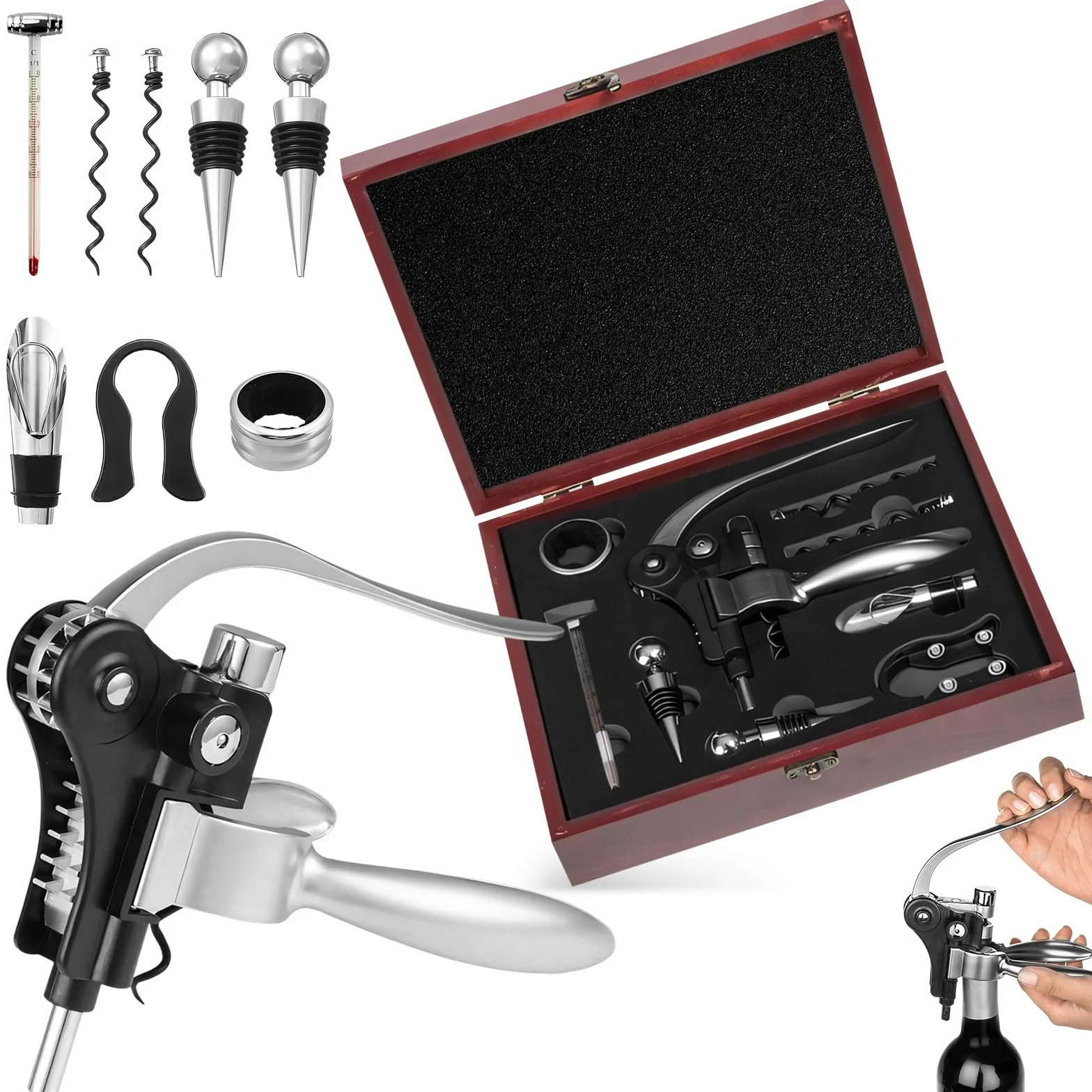 Sacacorchos Profesional Manual 9 Piezas con Caja Regalo Madera, Decantador y Antigoteo, Accesorios Abrebotellas para Regalos