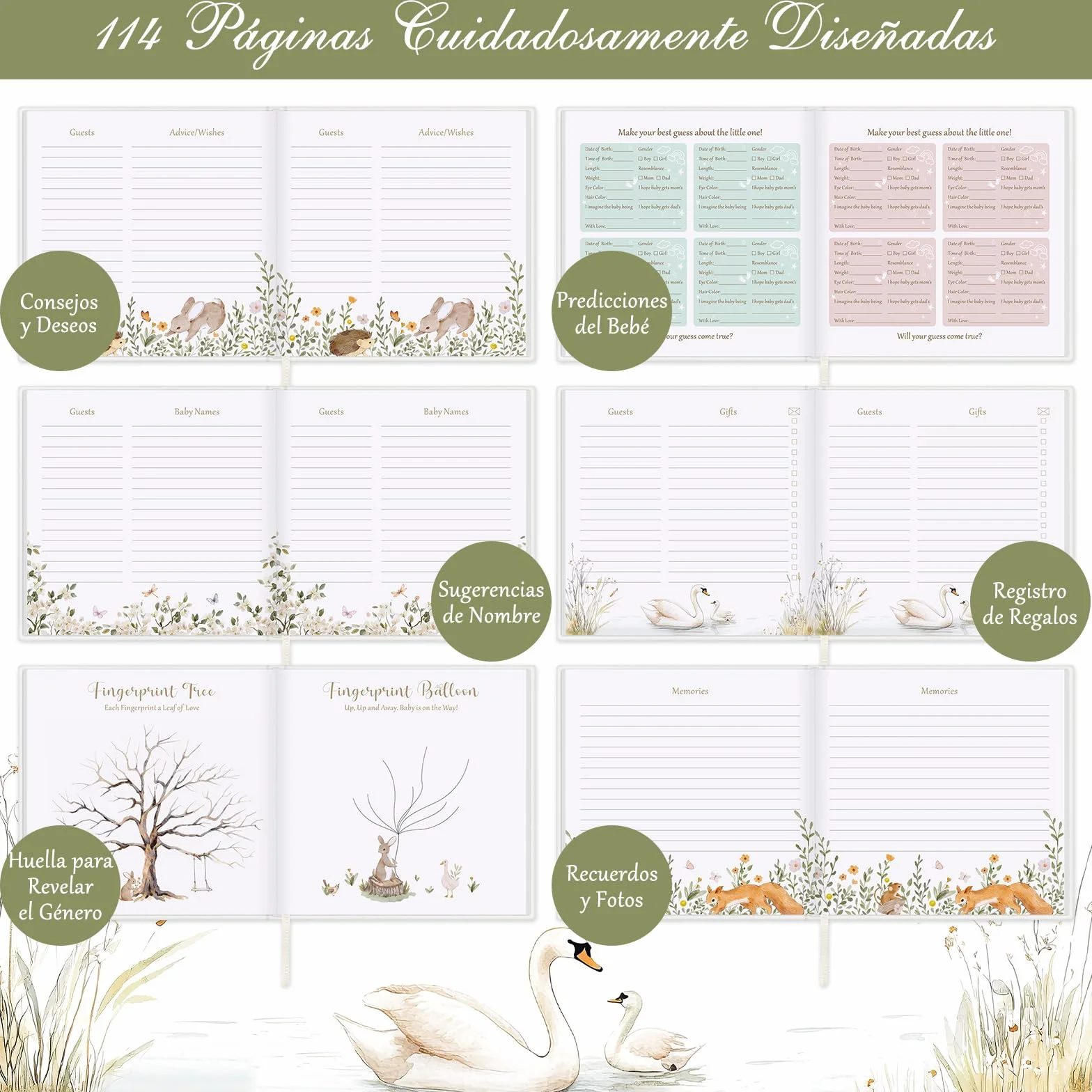 Lanpn Libro de Visitas para Baby Shower, Baby Shower Guest Book, Libro Firmas Recuerdo Regalo para Futuros Padres Gender Reveal Bebé Bautizo, Tema Animales Bosque Neutral, 114 Páginas, Inglés