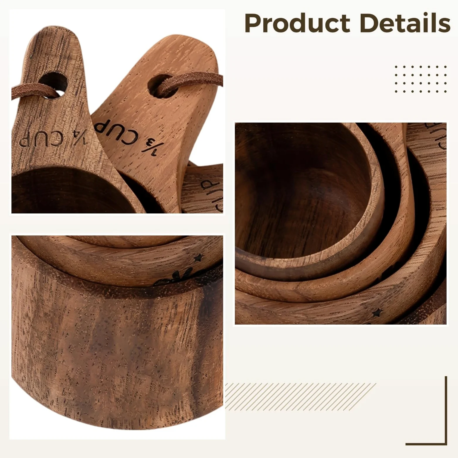 Juego de 4 tazas medidoras de madera, hechas de madera de nogal sudamericano, grabadas para hornear y cocinar, diseño de anidación