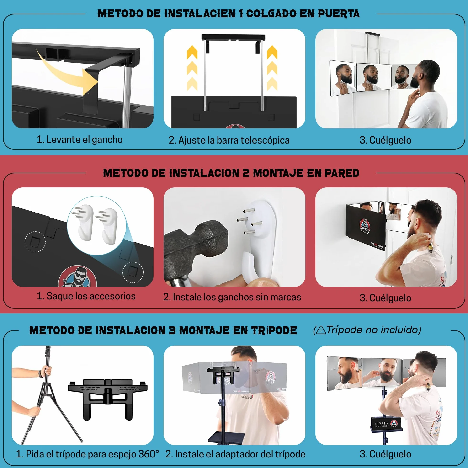 Espejo de 360 grados con Ganchos Telescópicos Ajustables para Cortes de Cabello para Hombres