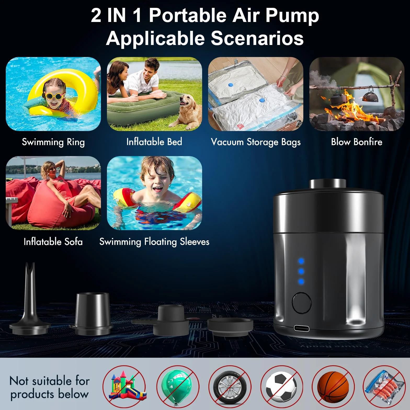 Mojimdo Bomba de Aire Eléctrica Portátil Recargable 2 en 1 para Inflables, Mini Bomba de Vacío con 4 Boquillas