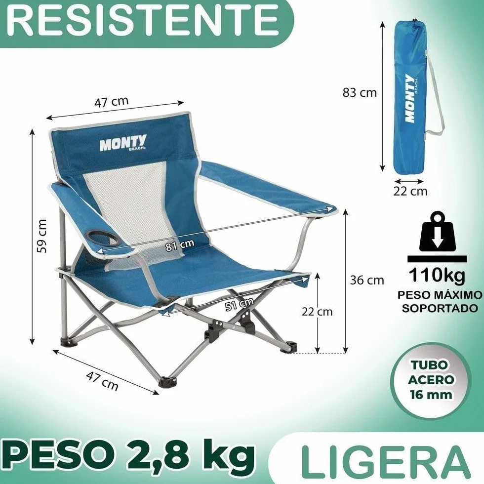 Silla playa y camping plegable cierre tijera acero pintura Epoxi anticorrosión tejido Oxford 600 D azul respaldo malla transpirable portavasos bolsa transporte reposabrazos