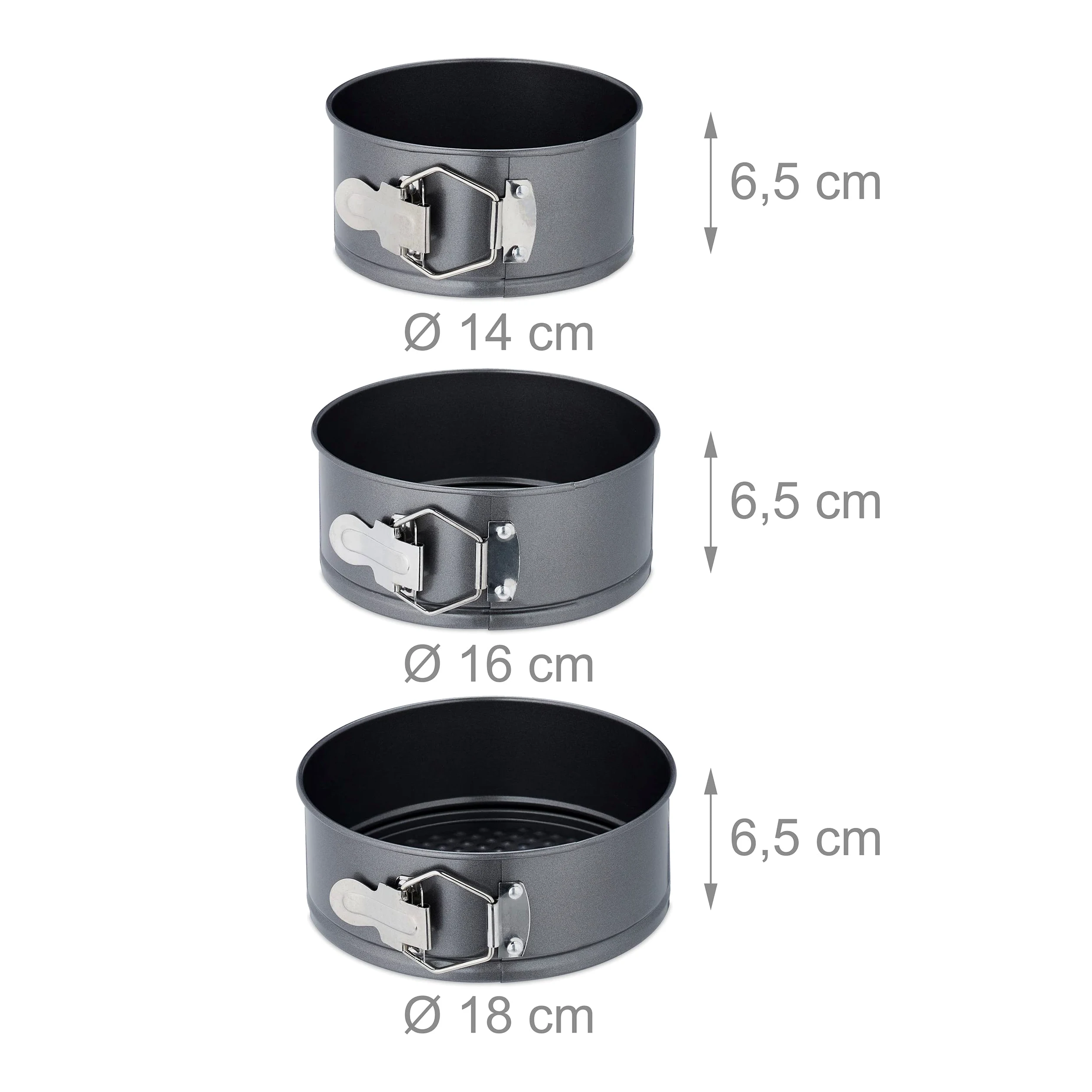 Relaxdays Set Moldes de Bizcocho, 3 Bizcocheras Redondas, 14/16/18 cm Ø, Acero Inoxidable, Antiadherentes, Antracita