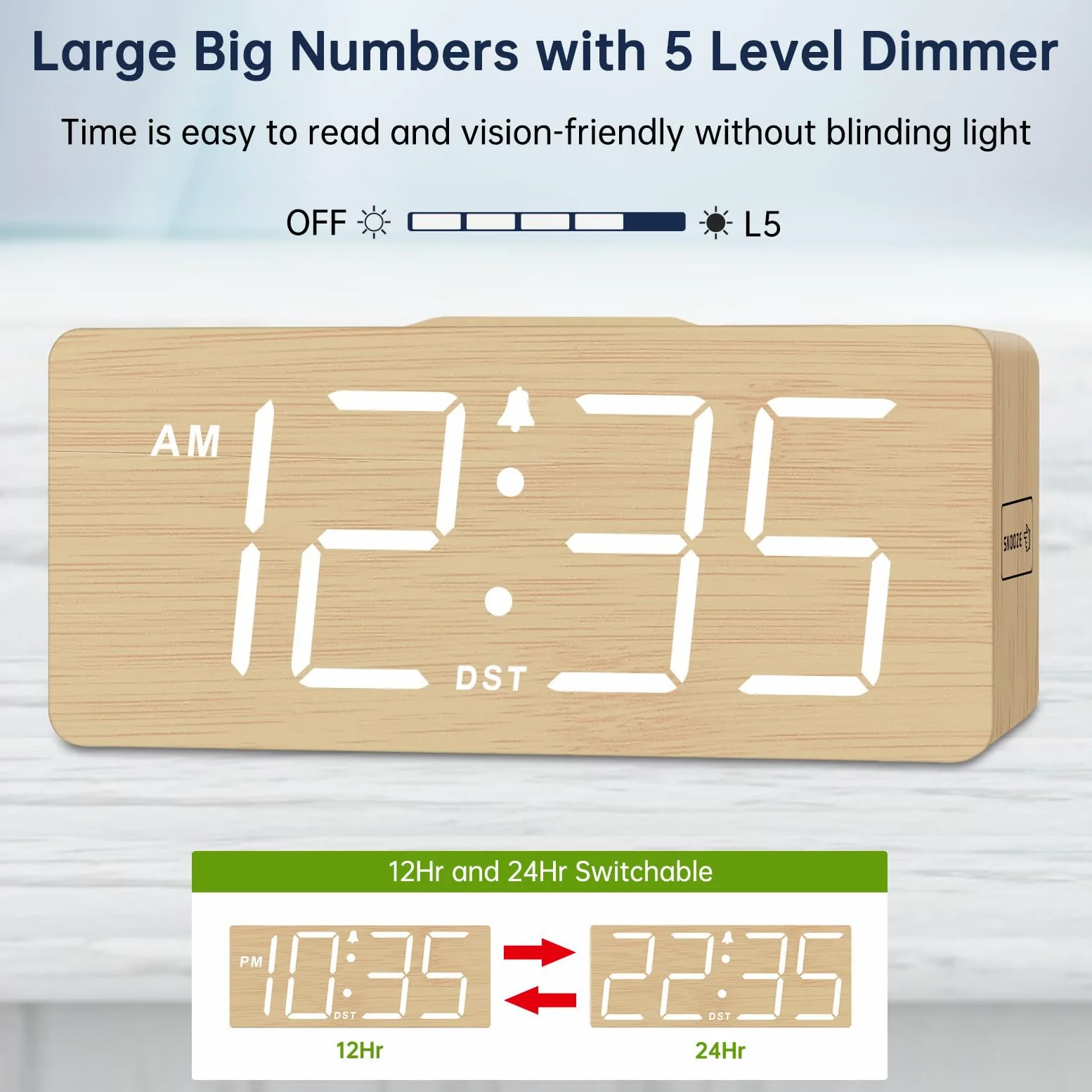 DreamSky Reloj despertador digital de madera con carga inalámbrica para dormitorio | Reloj de mesita de noche con estación de carga, puerto USB, números grandes, volumen ajustable, regulador de brillo, DST