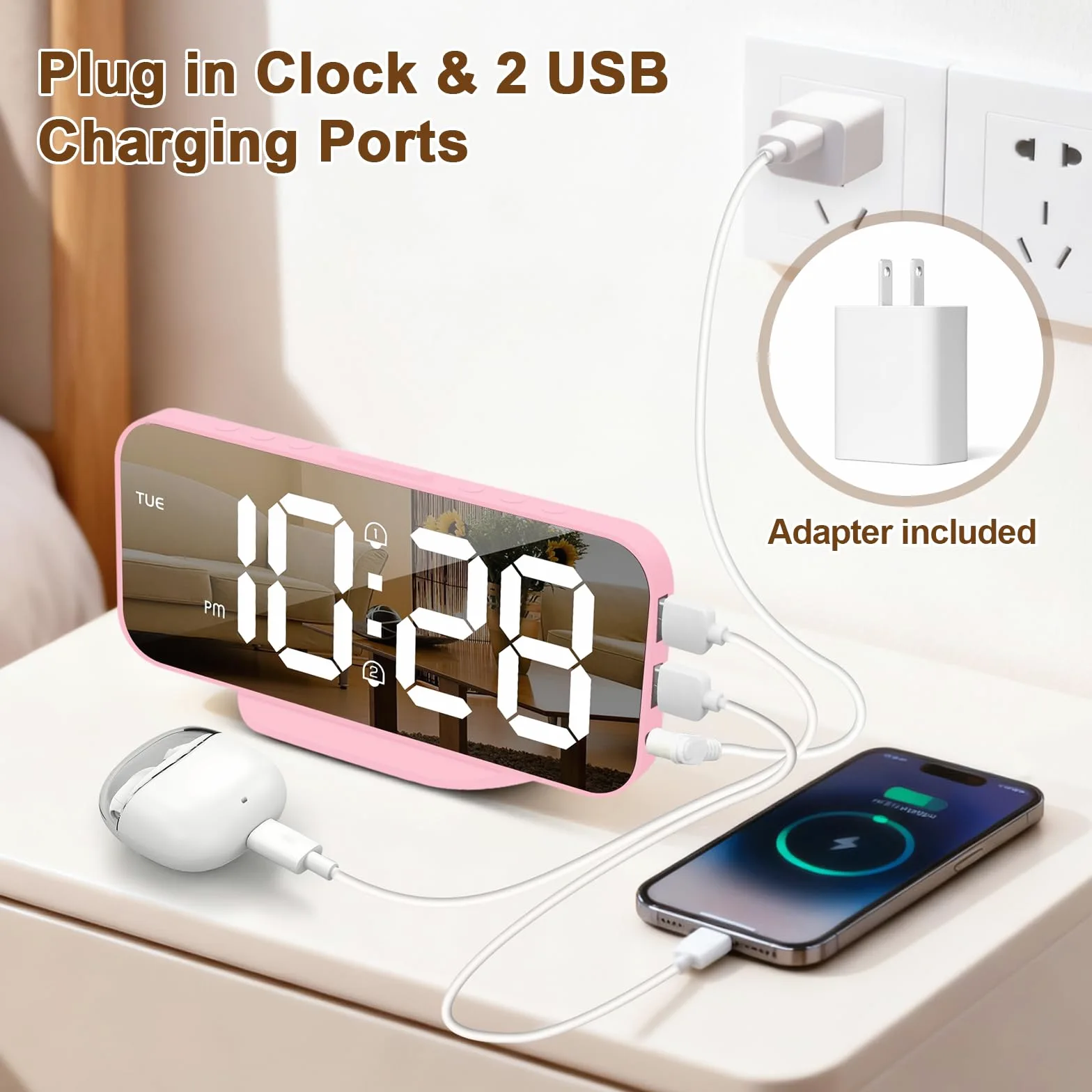 ALANAS Reloj despertador digital, alarmas duales con repetición, ajuste de brillo, 2 puertos de carga USB para teléfono celular, 12/24 horas, reloj despertador enchufable con batería de respaldo