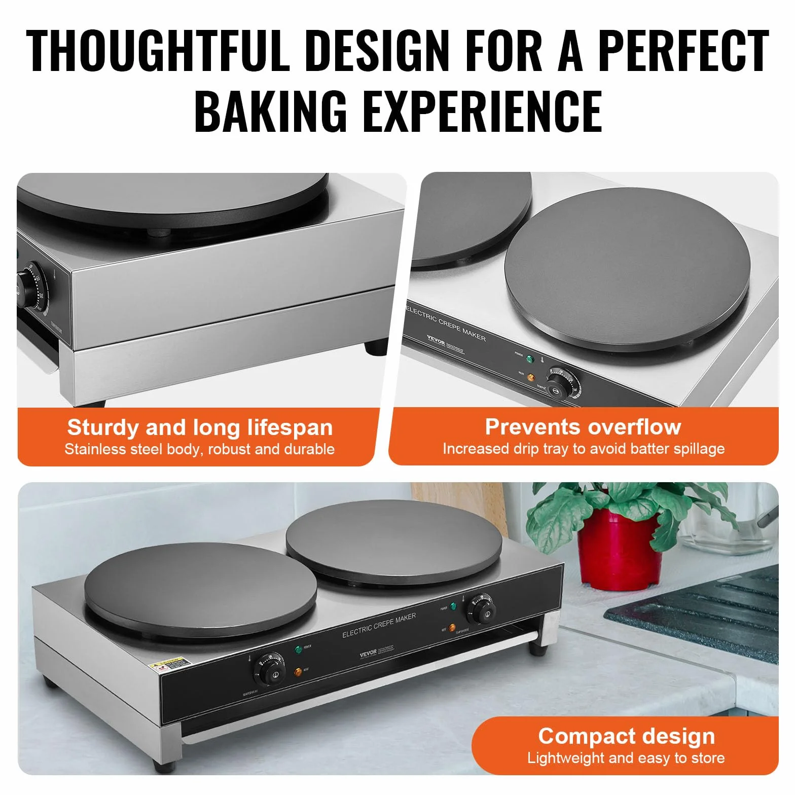 VEVOR Máquina de Crepes Comercial de Doble Cabezal de Placa Plana 6000 W, Antiadherente, Acero Inoxidable, Estufa Circular de Escritorio Panqueques y Cereales, Control Temperatura, (Sin Enchufe)