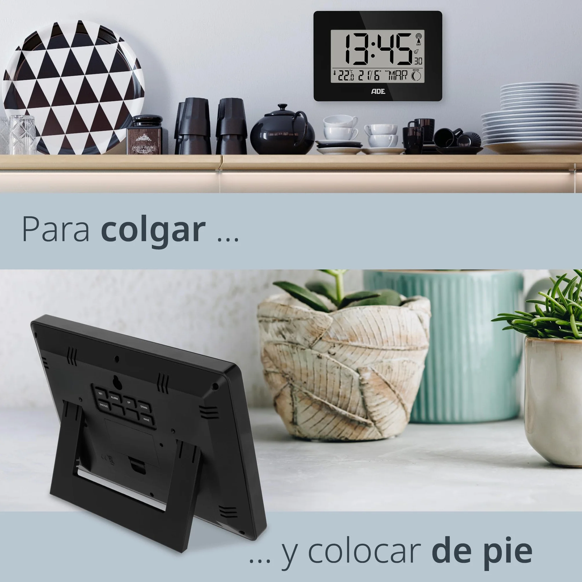 ADE Reloj Digital Grande radiocontrolado con dígitos XXL | Reloj de sobremesa y de Pared con Calendario | con termómetro | Despertador radiocontrolado a Pilas | Negro