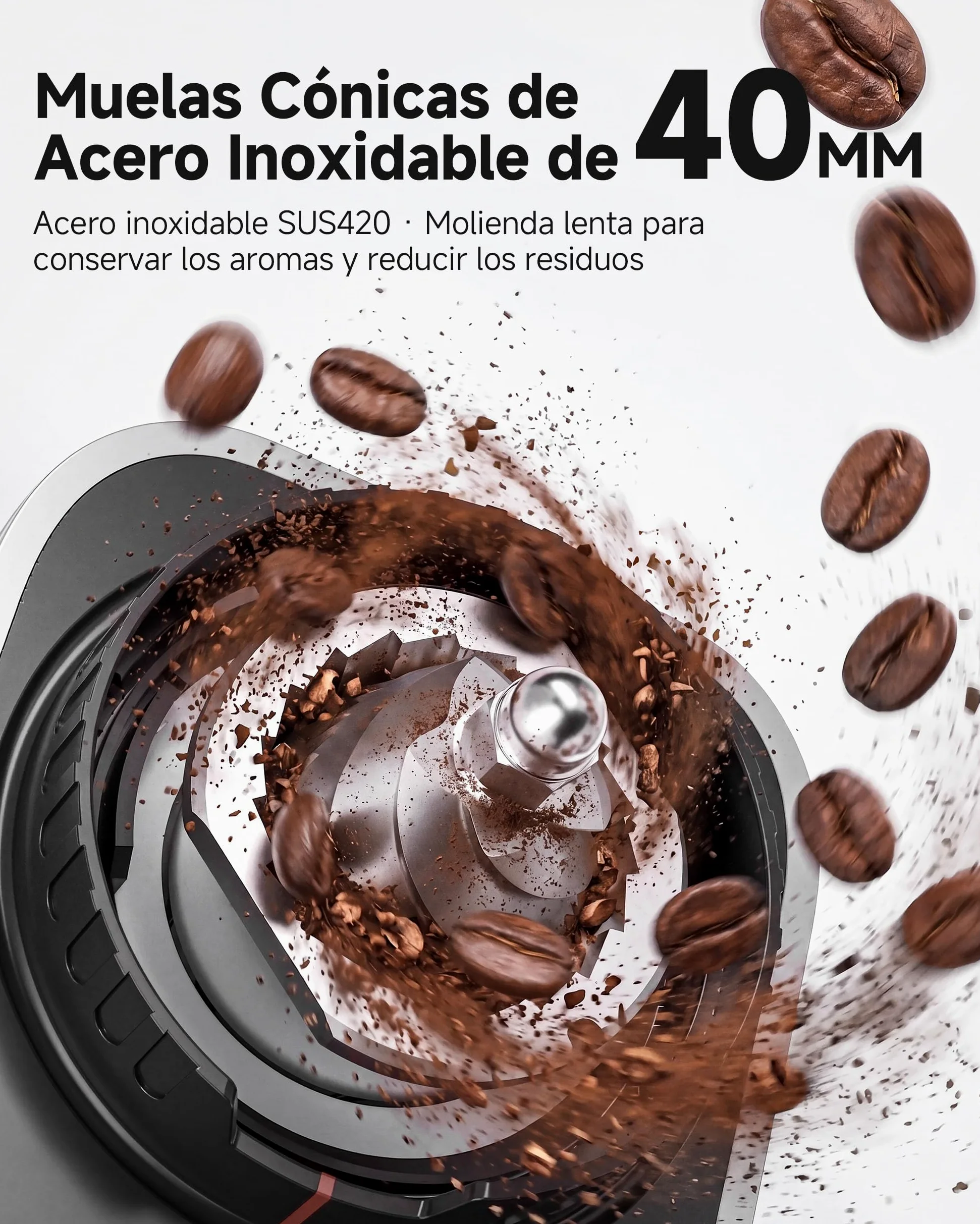 AAOBOSI Molinillo de Café Eléctrico, 45 Niveles, Muelas Cónicas de Acero | Sistema Antiestático Plasma, memoria, tiempo/tazas programables, depósito de 300 g, para espresso y café filtrado