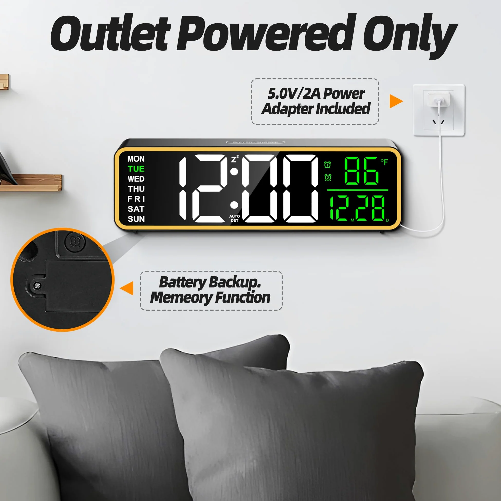 Reloj Despertador Digital 9" con Luz Nocturna, Doble Alarma, Termómetro, Pantalla LED Regulable, Día y Fecha, para Niños, Adultos, Dormitorio, Escritorio o Pared