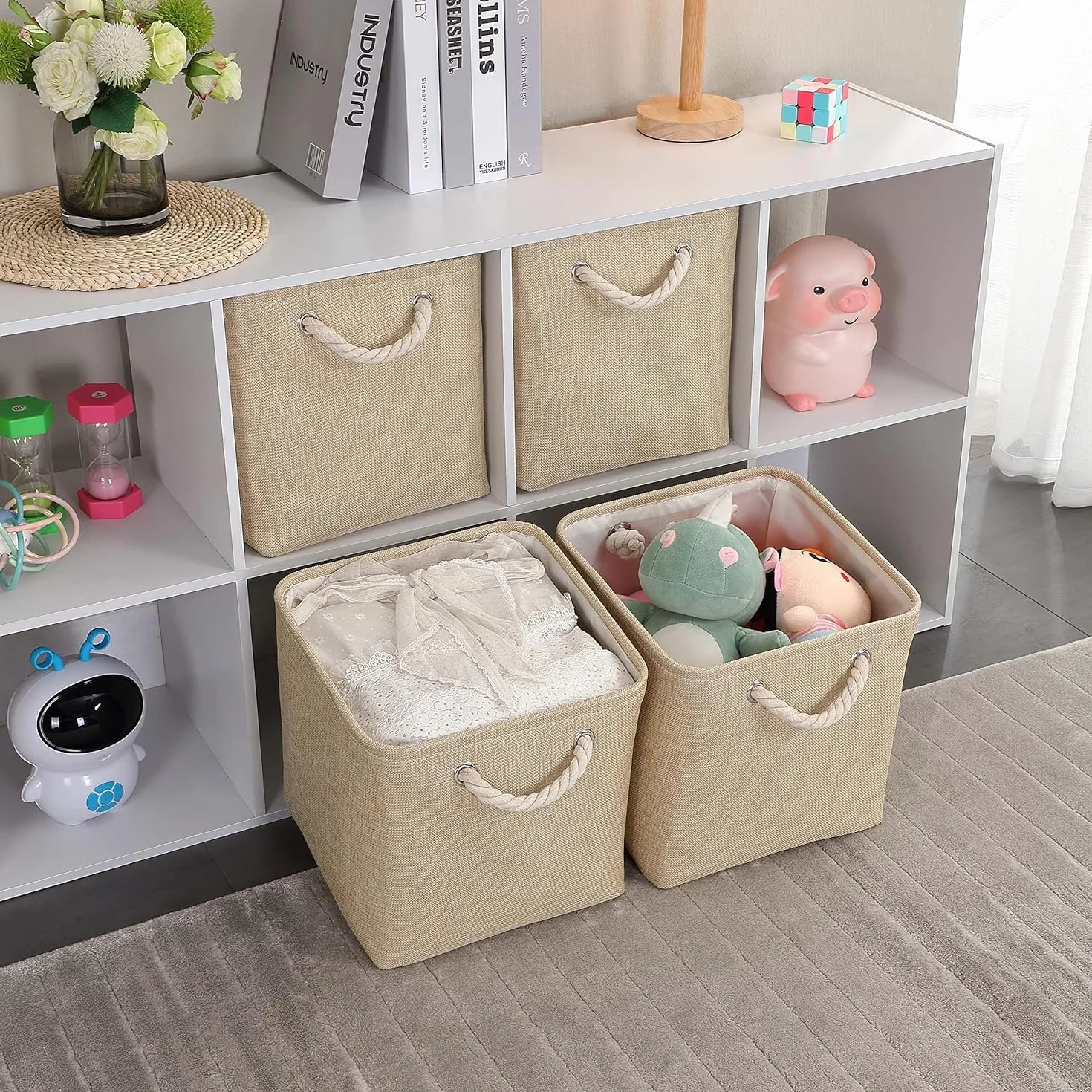 Mangata Cestas Almacenaje Plegables 33x38x33 cm Lona Engrosada Asas Cuerda Beige 4 Pack