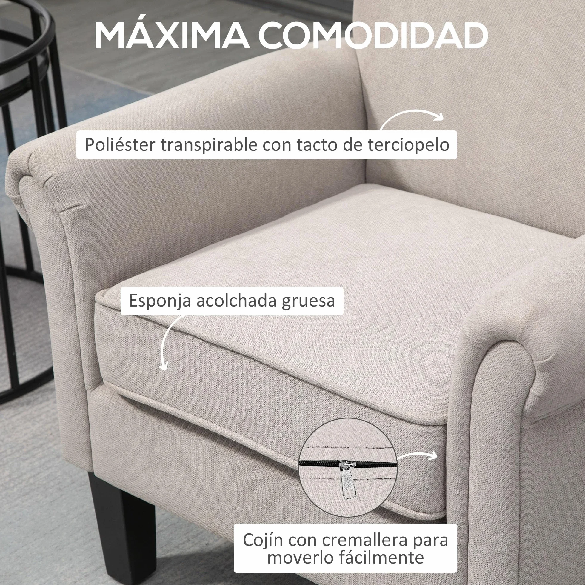 HOMCOM Butaca de Salón Tapizada en Tela, Sillón Relax con Reposabrazos, Asiento Extraíble y Lavable, Patas de Madera, para Dormitorio, Balcón, Estilo Moderno, Carga 150 kg, 79x72,5x88 cm, Gris