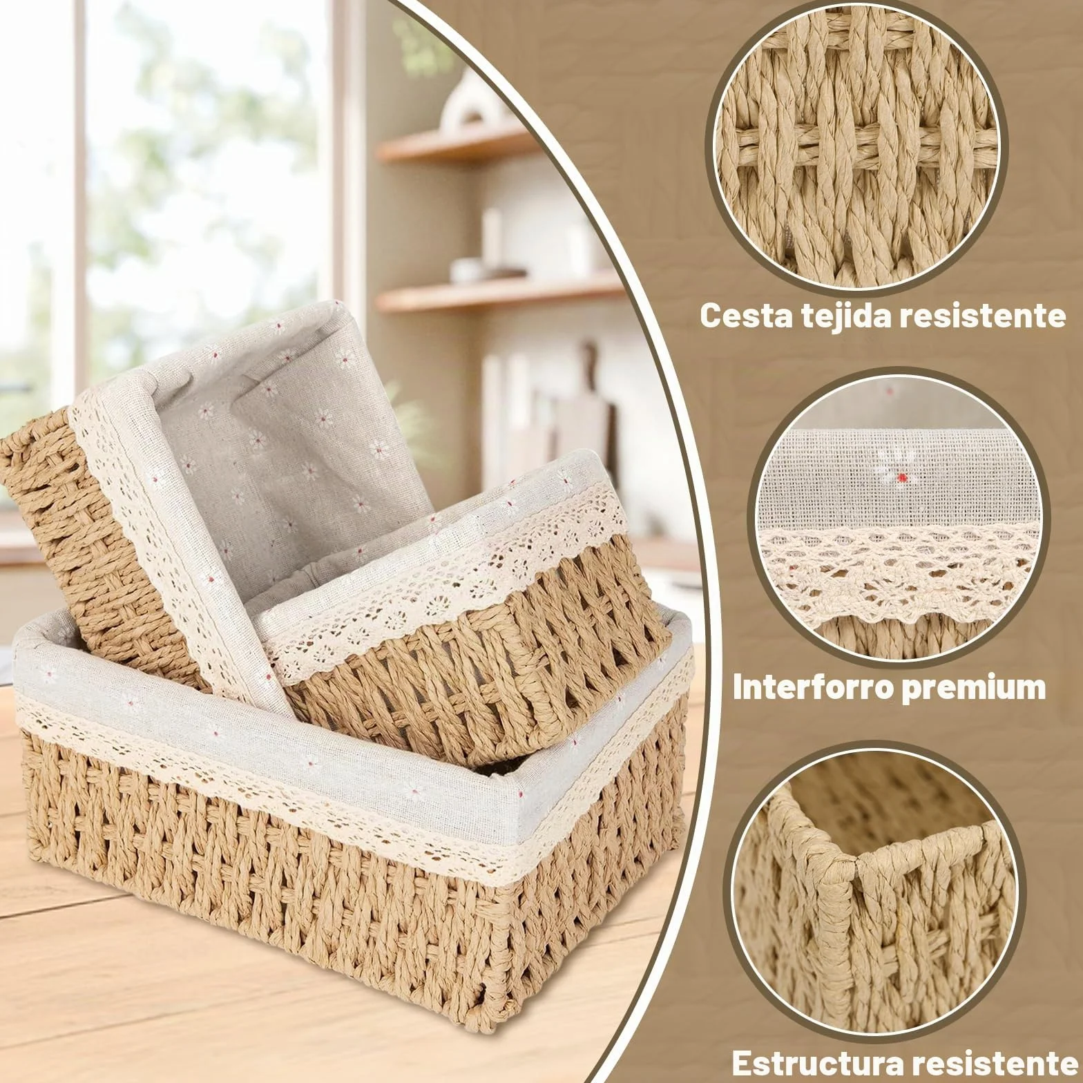 Cestas Tejidas de Almacenamiento con Forro Desmontable, Cesta de Juguetes y Baño, Beige L+M+S