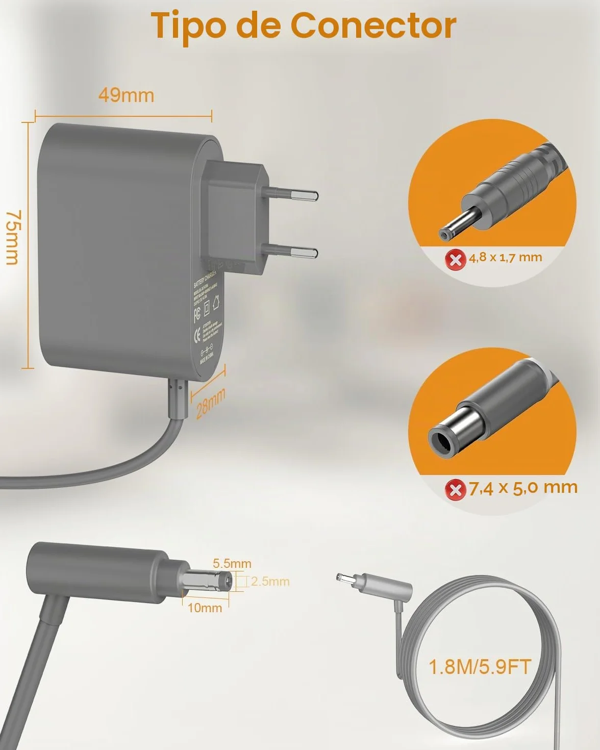 Cargador 26.1V Compatible con Dyson V8 V7 V6 SV03 SV04 SV05 SV06 SV07 SV09 SV10 SV11 DC58 DC59 DC60 DC61 DC62 DC72 DC74 Absolute Fluffy Motorhead Animal Aspiradora Adaptador Charger Cable 1.8m