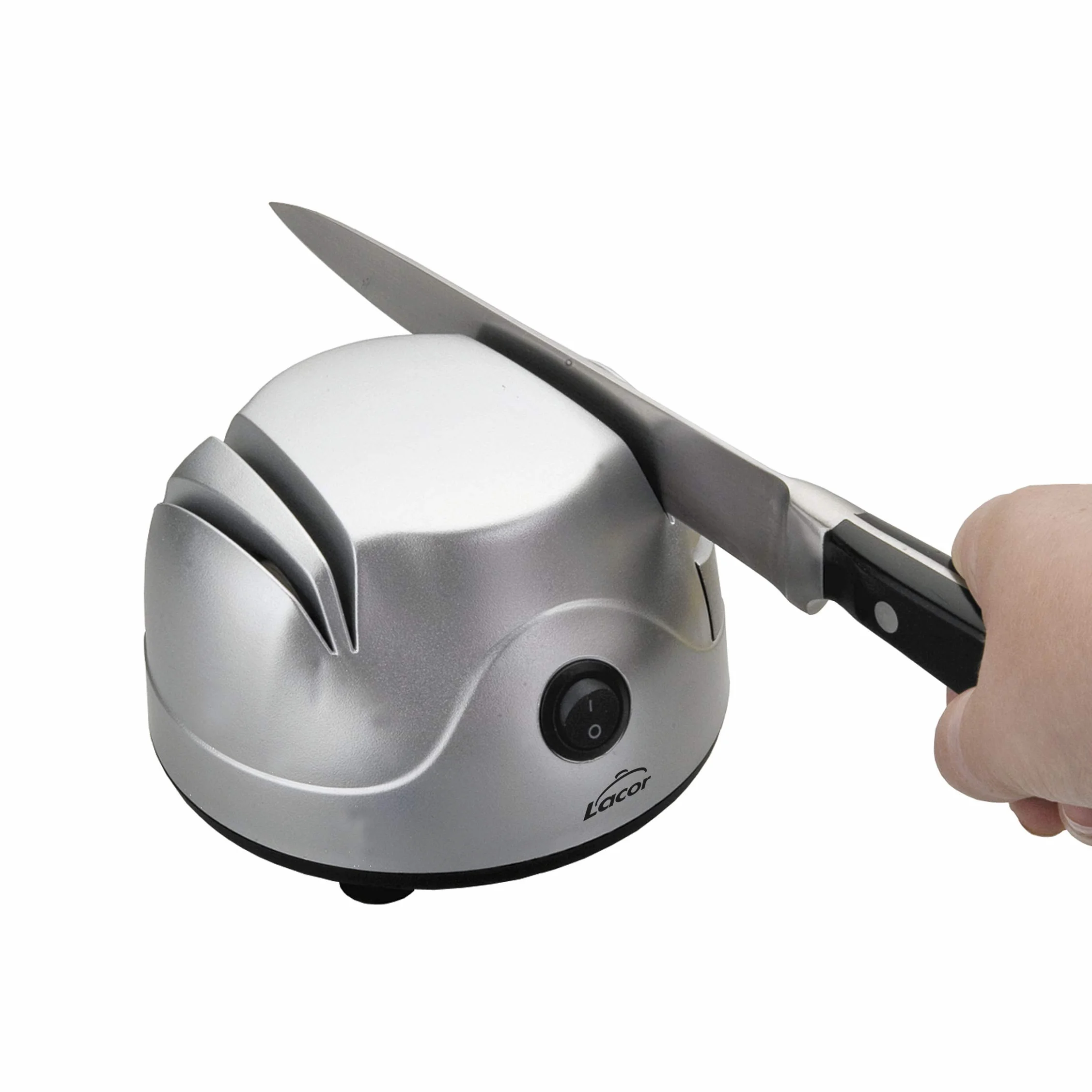 LACOR 69141 Afilador de Cuchillos Eléctrico, Cuatro ranuras con ventosa, Afila Cuchillos, Tijeras, Destornilladores, Seguro y fácil de usar, Potencia 60W, Pequeño y Compacto, Gris, 13 x 15 x 10 cm