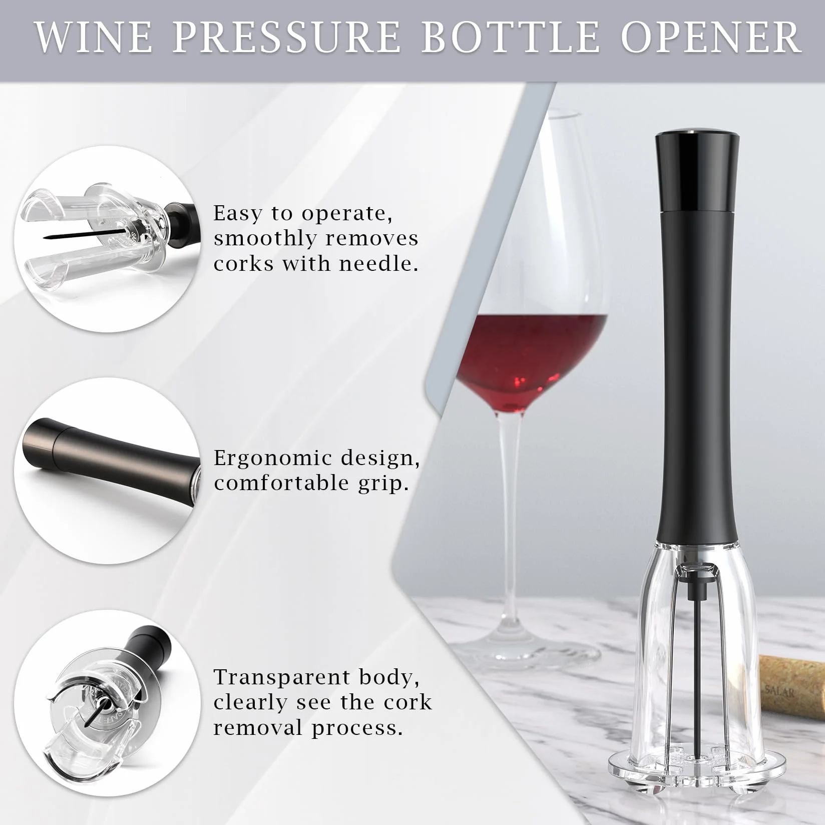 Sacacorchos de Presión de Aire, Profesional Abridor de Vino con 2 Reutilizables Tapones de Botella, Abrebotellas Portátil y Práctico para Hogar Viajes, Regalo para Amantes del Vino
