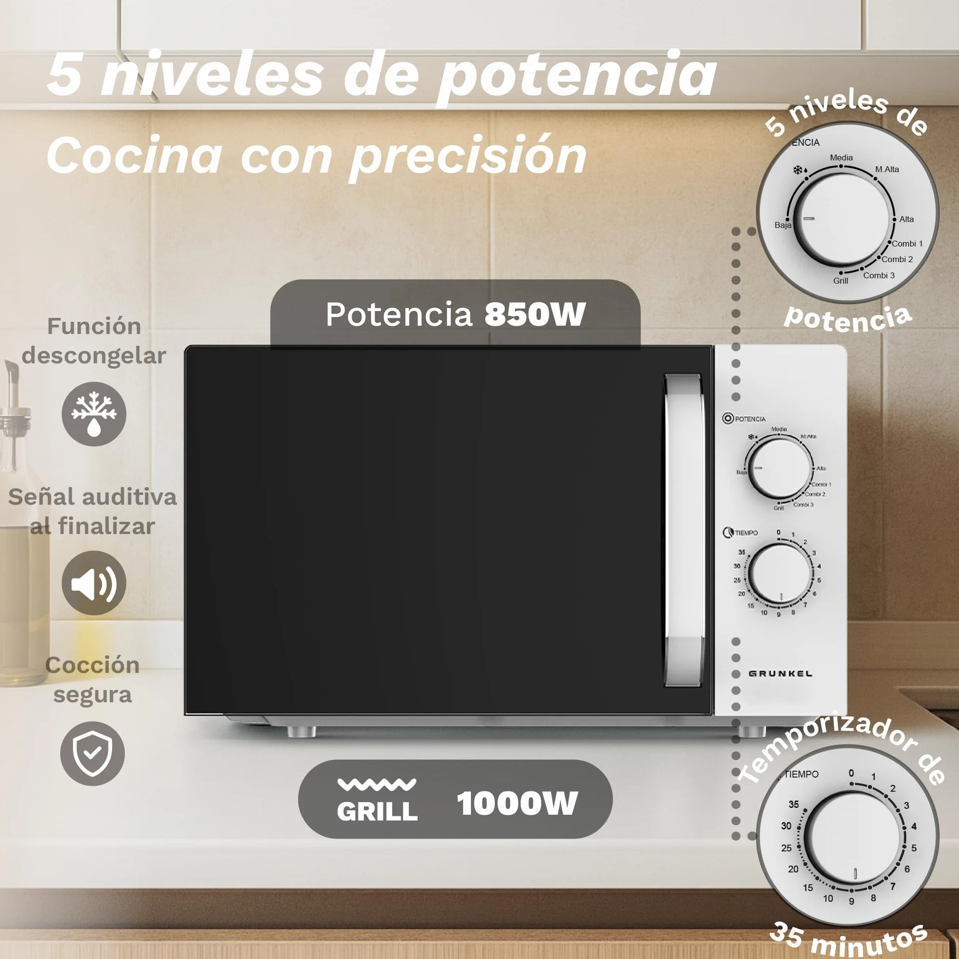 Microondas con Grill de 25 Litros, 850W +1000W Grill, 5 Niveles de Potencia, 3 Modos Combinados, Temporizador 30 min