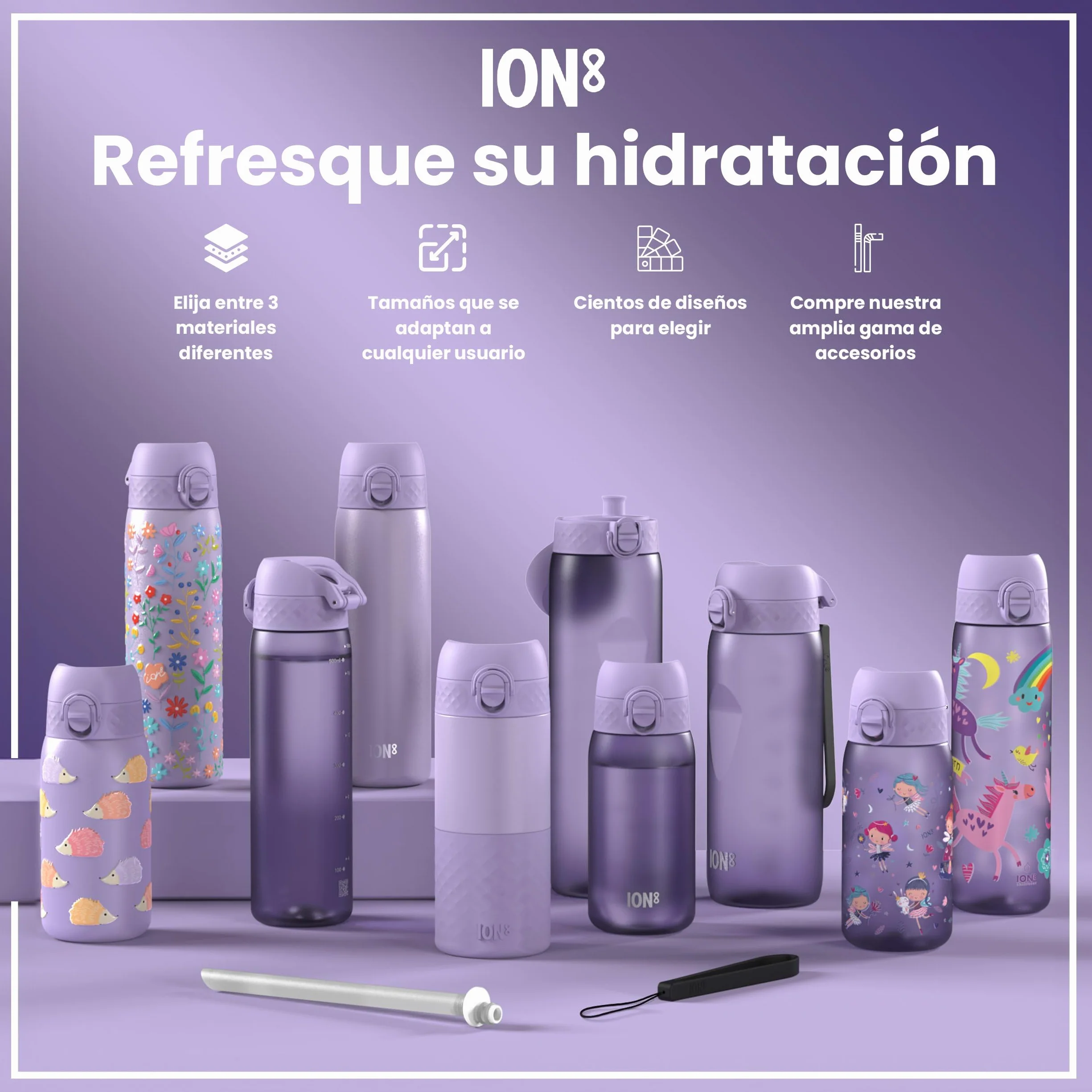 ion8 Botella Agua Inox 600ml Sin Aislamiento a Prueba de Fugas Fácil de Abrir Cerradura Segura Unicornios Púrpura