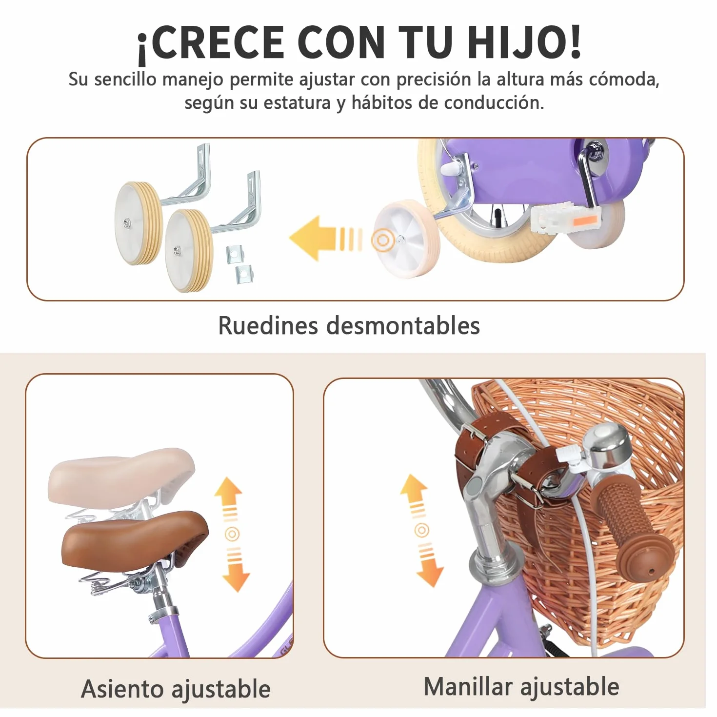Bicicleta de niña 12 14 16 20 Pulgadas con Cesta y estabilizadores