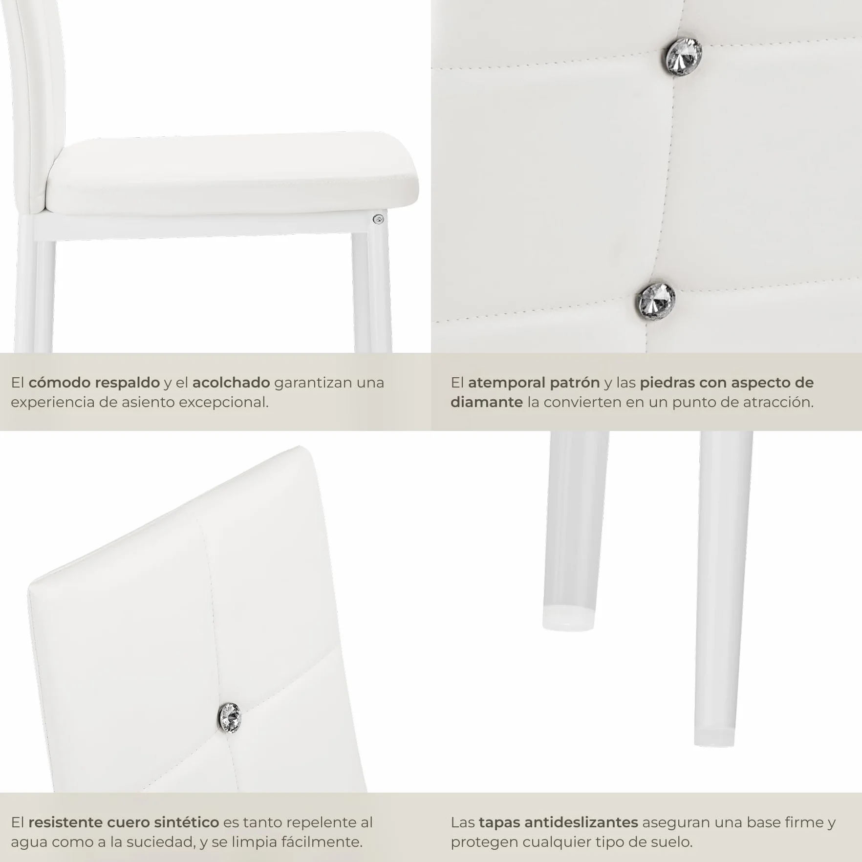 tectake® Silla de Comedor, Asiento y Respaldo Acolchado, Piel Sintética, Piedras Brillantes, Sillas Modernas, Sillas Cocina, Alta Capacidad de Carga, Montaje Rápido - 4 Sillas Blanco
