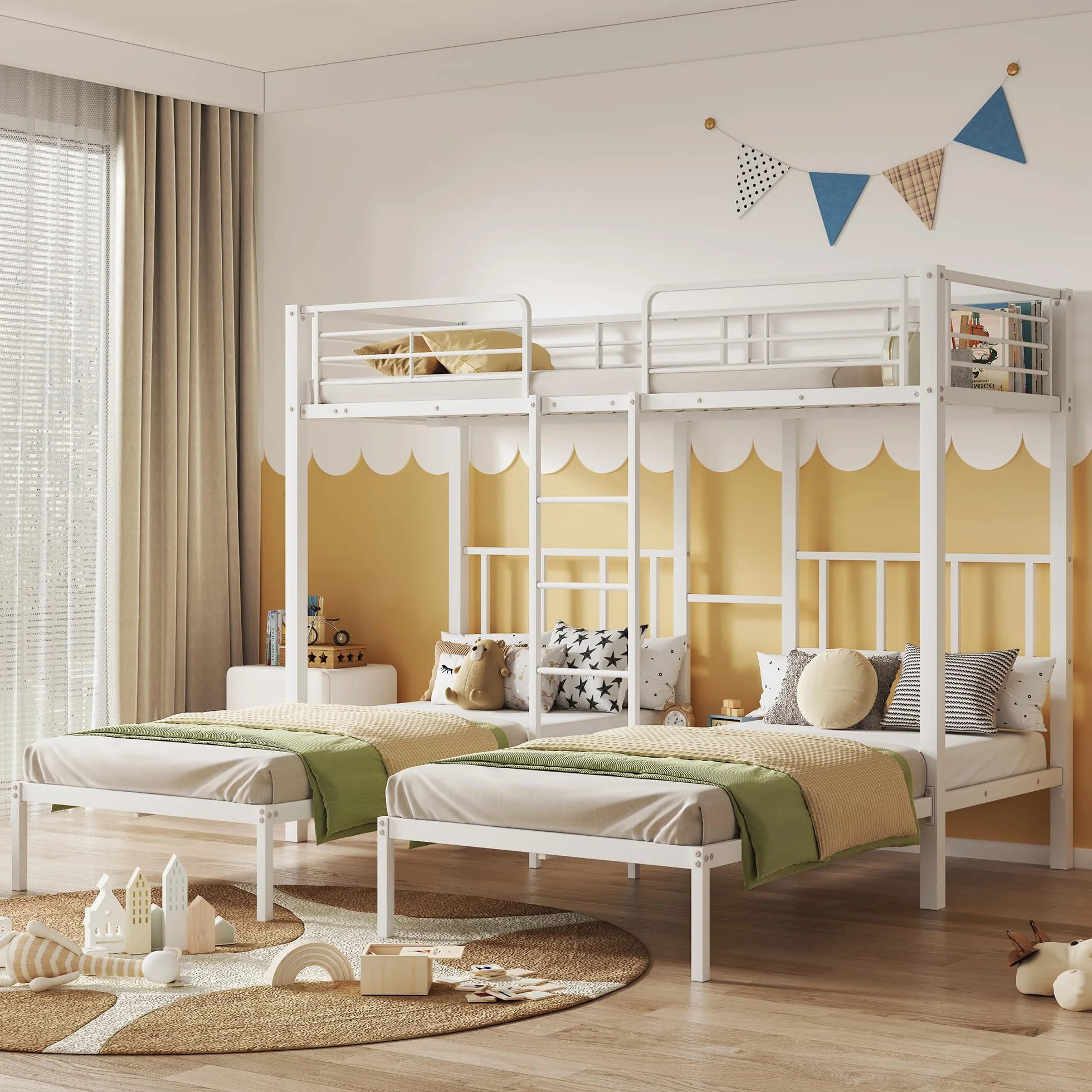 Moimhear Cama Triple, litera Triple con Escalera para niños y Adolescentes, Cama de Hierro con Puerta de Seguridad y Mesa (90x200cmx3, Blanco)