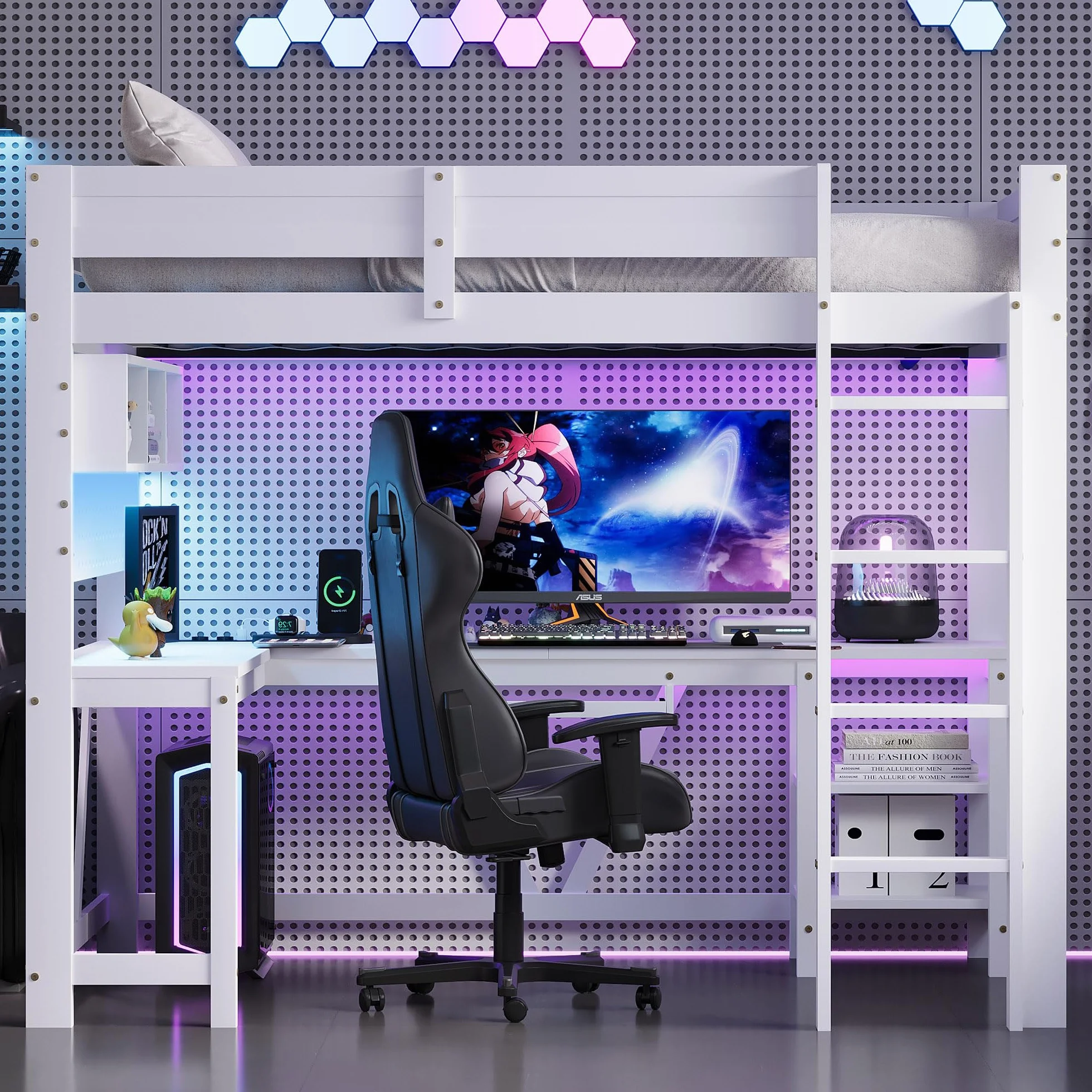 Moimhear Cama alta de madera para videojuegos con escritorio, estantes de almacenamiento, iluminación LED y base de carga, 90 x 200 cm (blanco)