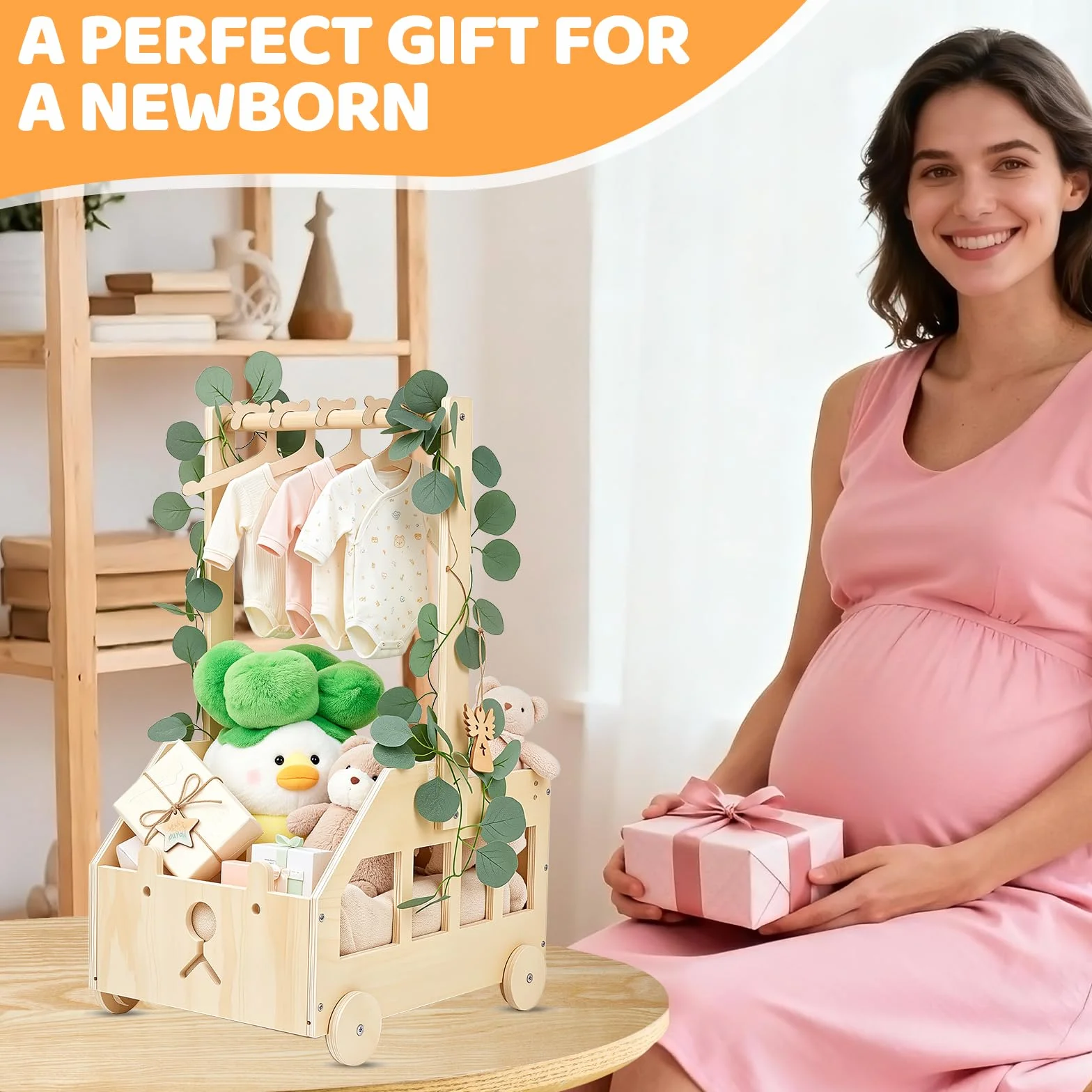 Cesta de Madera para Bebé con Perchero y Ruedas, Canastilla Baby Shower, Diseño Osito, Color Natural