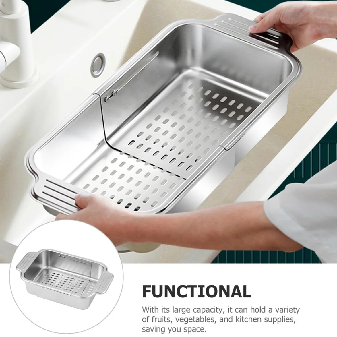 Colador Adecuado para Escurrir Pasta y Utensilios Fregadero Extensible de Fregadero Resistencia al Desgaste de Acero Inoxidable 304 y Filtrado de Agua para Cocina