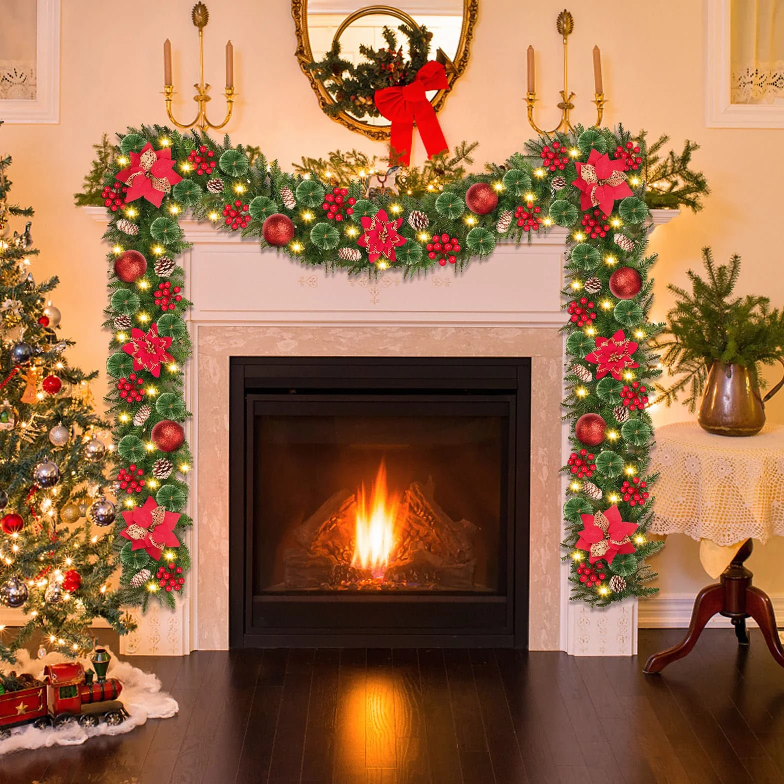 Guirnalda de Navidad 2.7M Con Luces, Árbol Artificial, Corona para Chimenea, Escalera y Decoraciones