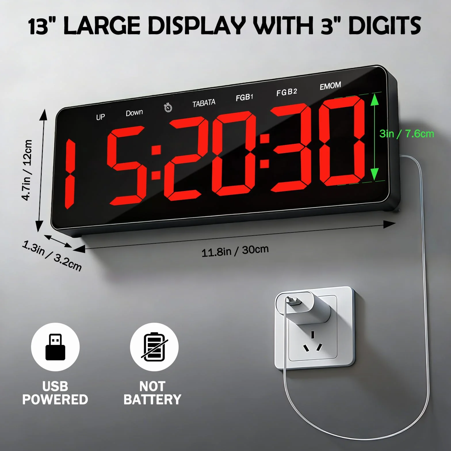 Temporizador de Gimnasio LED 13" Grande Reloj de Pared Digital con Countdown & Up Cronómetro, Brillo Ajustable, Control Remoto