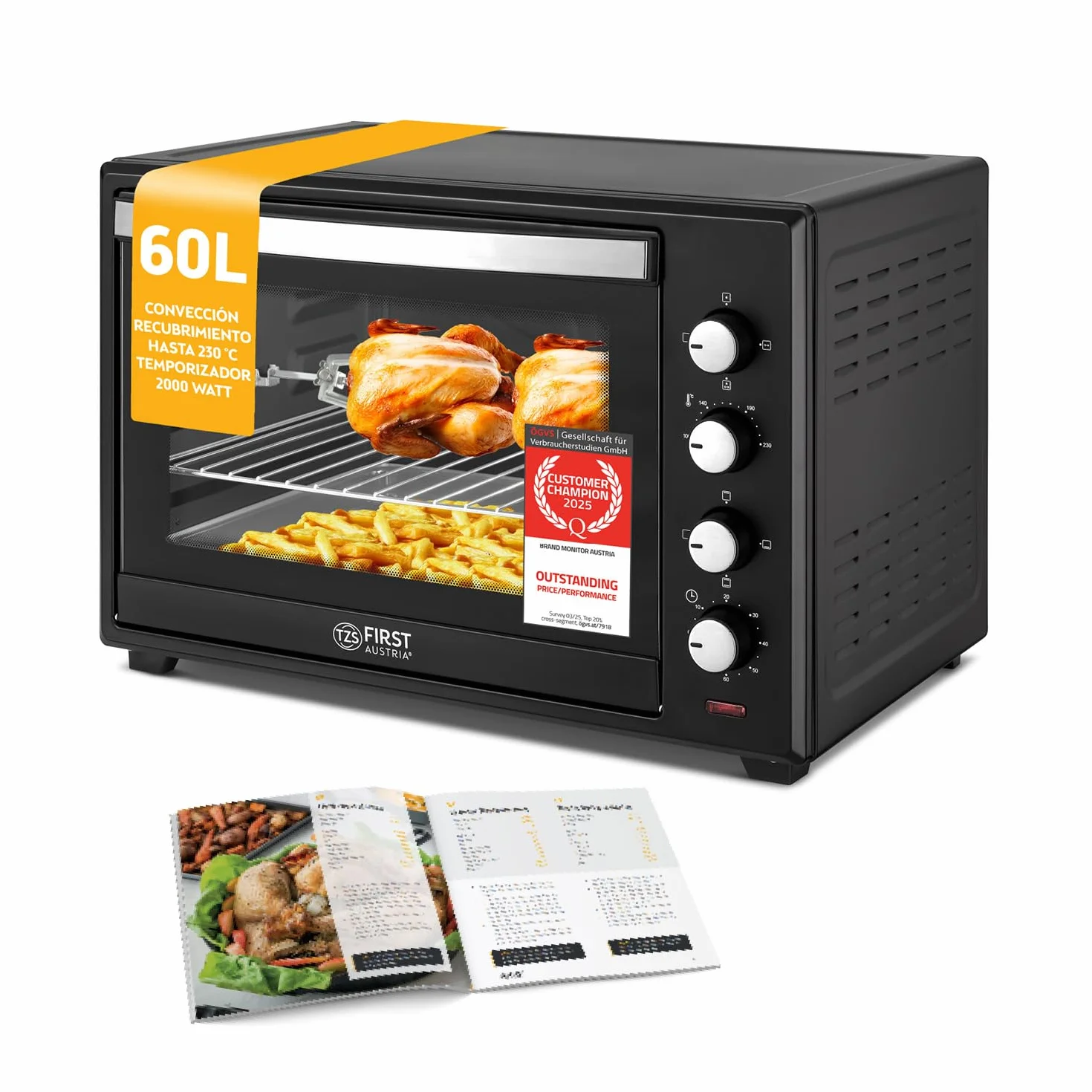 TZS First Austria - Mini Horno 60L 2000W - Minihorno espacioso para pizza con temperatura hasta 230°C y 6 modos - Con temporizador 60 min, 4 alturas de inserción, bandeja, rejilla y asador giratorio