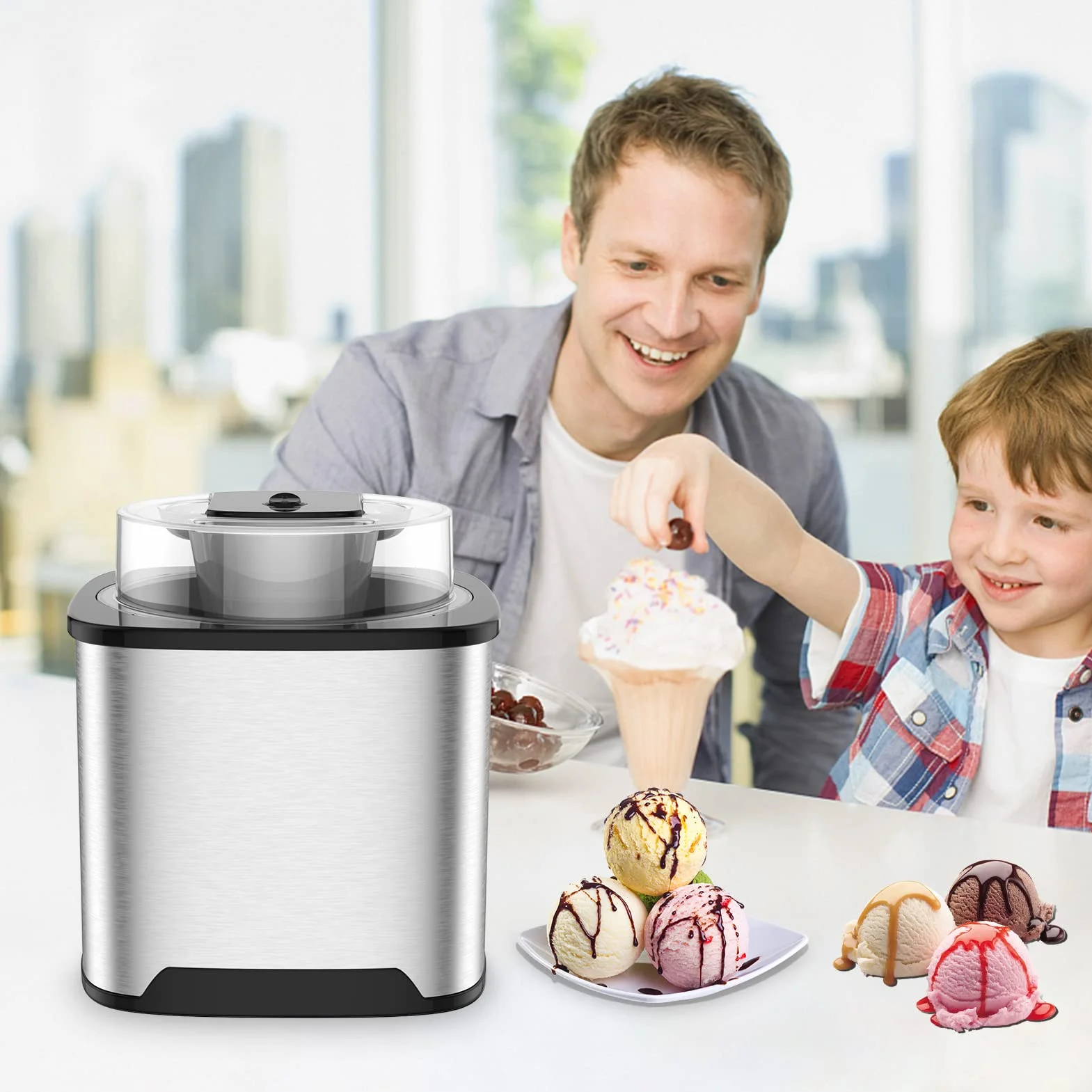 Maquina Hacer Helados 2L Máquina para Hacer Helados Maquina de Helados Profesional Sorbete y Yogur Congela en 30 Minutos, Maquina Helados Soft