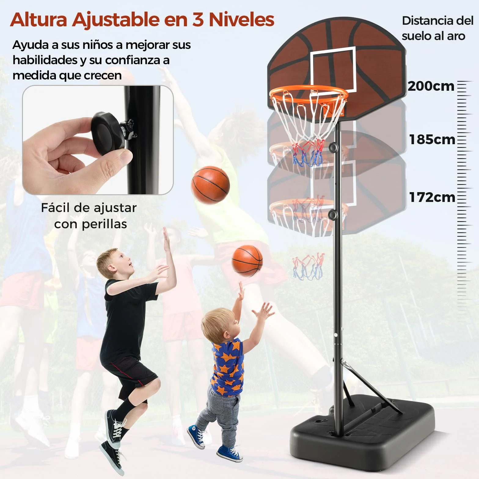 COSTWAY Canasta Baloncesto Exterior Altura Ajustable 3 Niveles 1,72 a 2m Móvil Ruedas Aro Niños Adultos