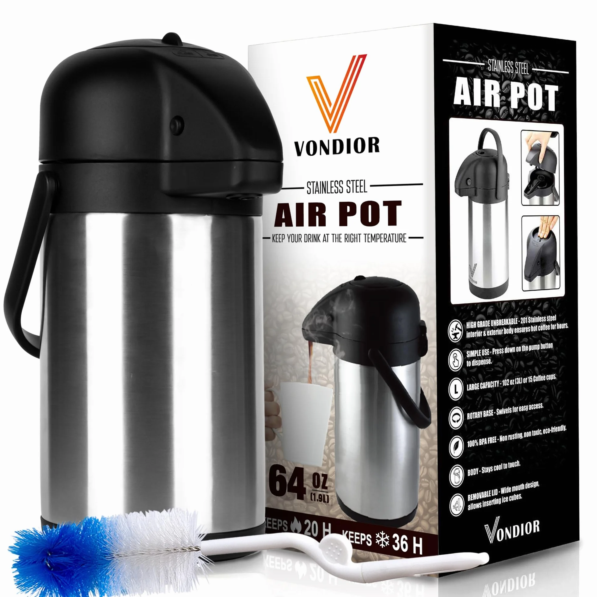 Vondior Airpot Jarra de 1,9 litros – Jarra de café profesional aislada de acero inoxidable, termo, dispensador de bebidas térmicas, adecuado para bebidas de fiesta