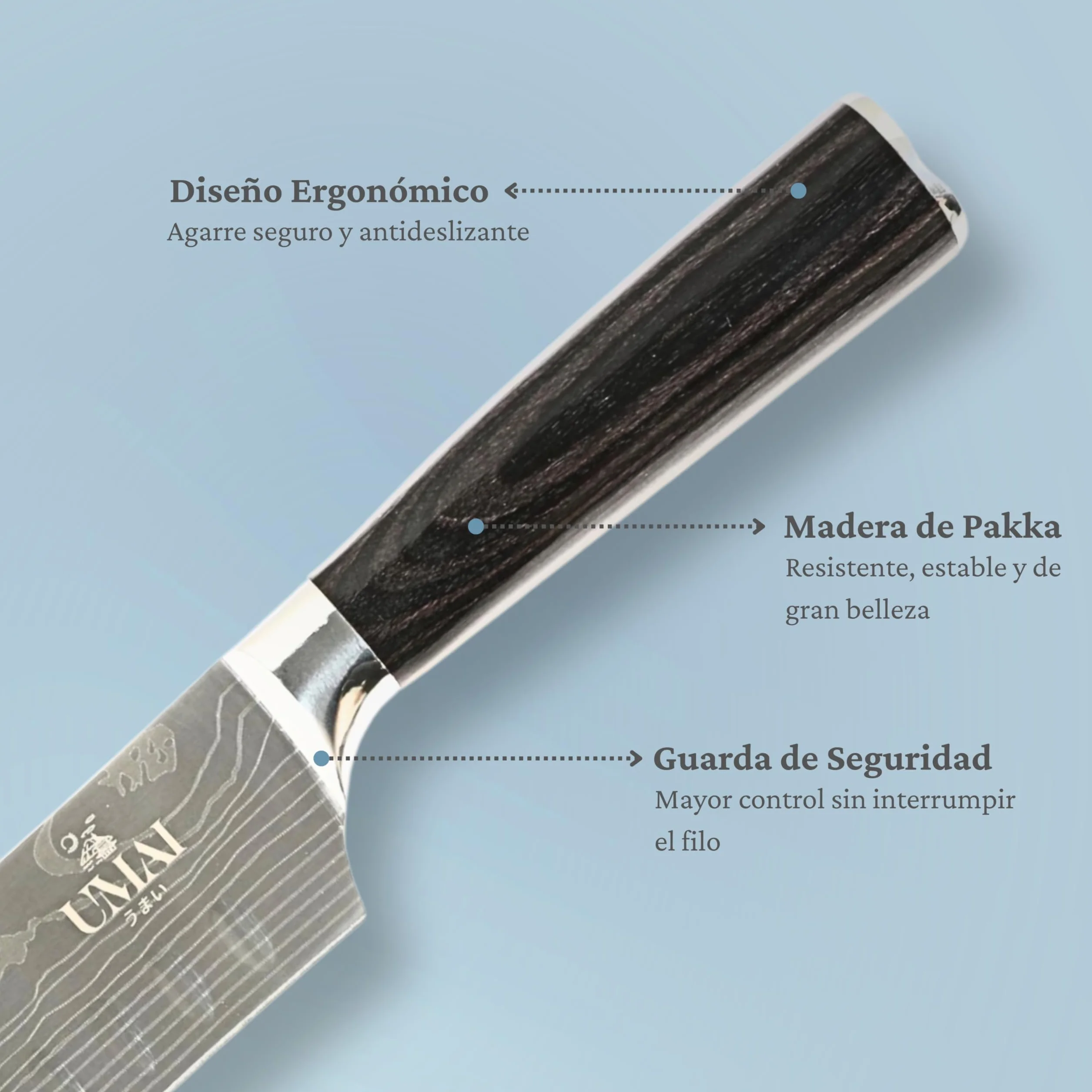 UMAI Cuchillo Santoku 18 cm (7") – Cuchillo de Cocina Japonés de Acero Inoxidable 7Cr17MoV con Patrón de Damasco – Mango Ergonómico de Madera Pakka, Hoja Alveolada – Incluye Funda Protectora