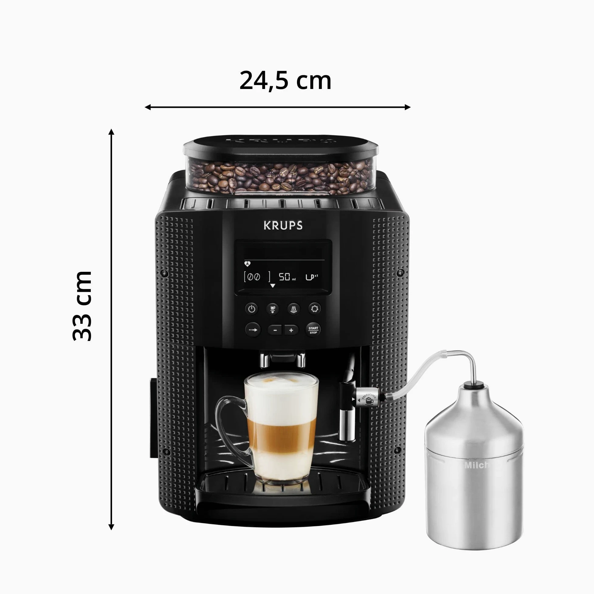 Krups EA8150 Cafetera Automática 15 Bares de Presión, 3 Niveles de Intensidad, Programa Automático de Limpieza, Molinillo Integrado, Pantalla LCD, Ajustable de 20 ml a 220 ml, Tamaño único