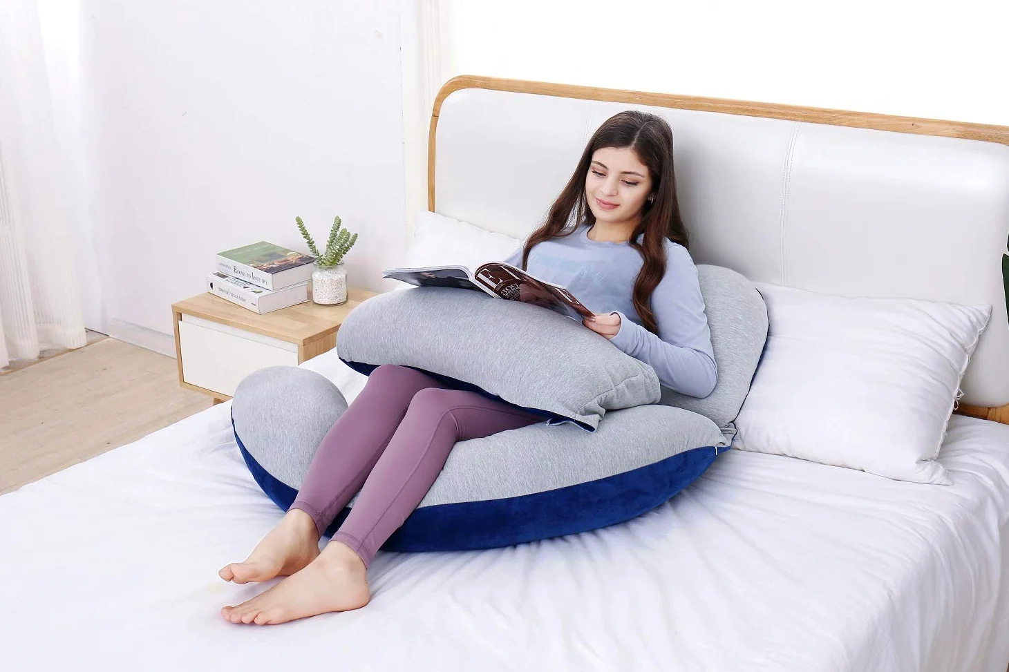 Pulgadas Almohada Maternidad y Embarazo | Almohada Extra Grande en Forma de U con Lado Desmontable, Almohada de Apoyo Independiente y Funda extraíble (Azul,Gris)