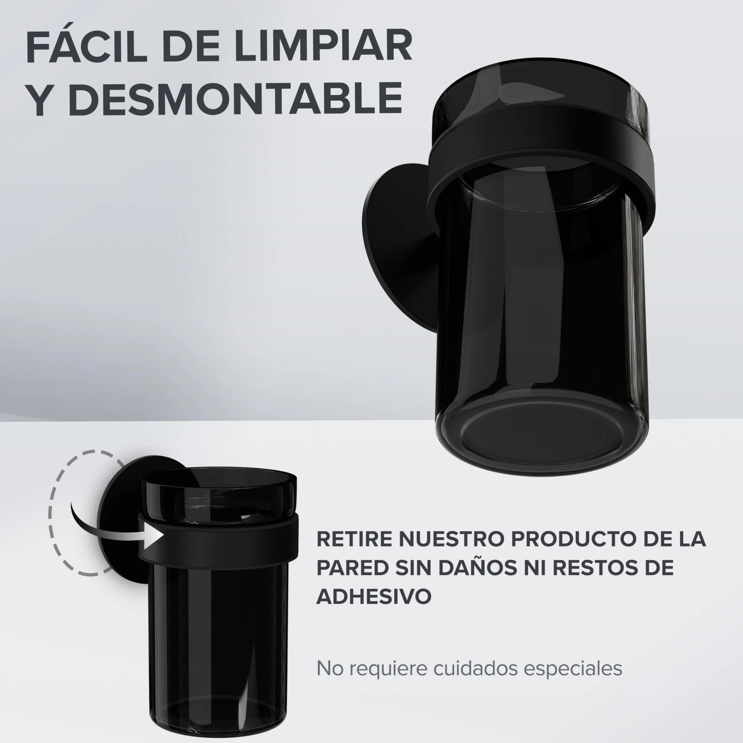 Vaso Cepillo de Dientes ovimar Engeloya | Negro | sin taladrar | de Cristal y Acero Inoxidable para el baño | con Vaso extraíble y Soporte para Cepillo de Dientes | para Pegar en la Pared