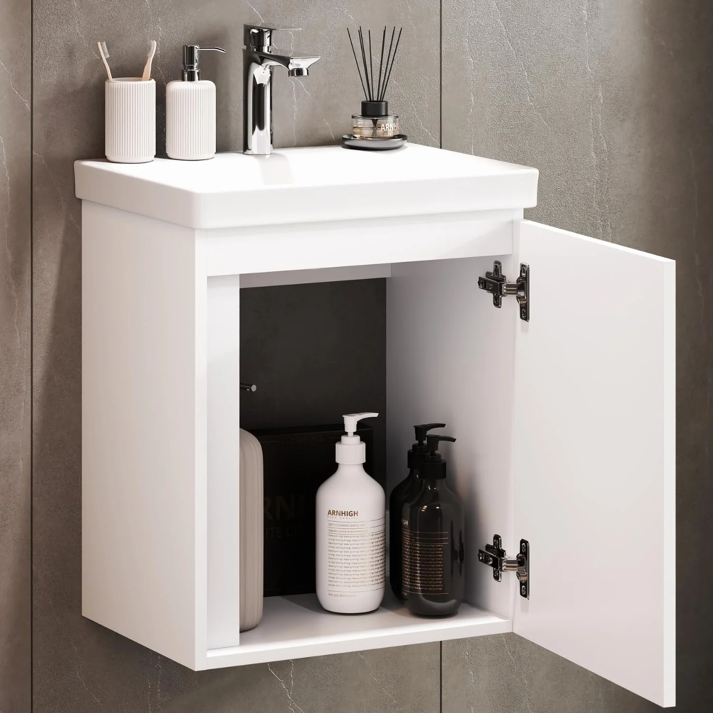 Planetmöbel Lavabo con Mueble 50 cm, Armario bajo Colgante, Cierre amortiguado, Juego de Muebles de baño, Blanco | Armario para lavabo colgante, cierre suave, juego de muebles de baño con lavabo