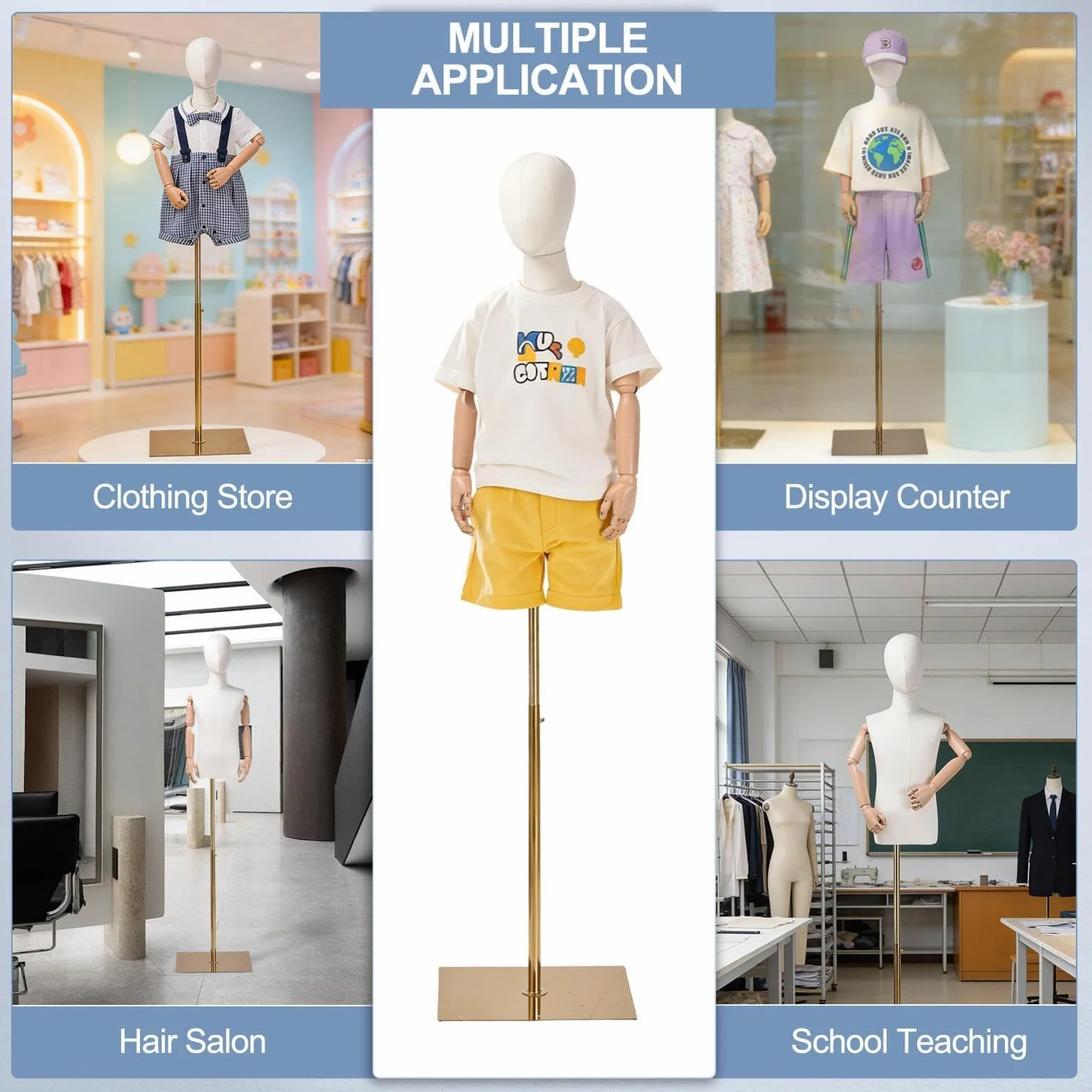 Maniquies Infantiles Ajustable de 132 a 185 cm Soporta 30 kg Brazos de Plásticos Duro Base Cuadrada Antideslizante –Ideal para Escaparates