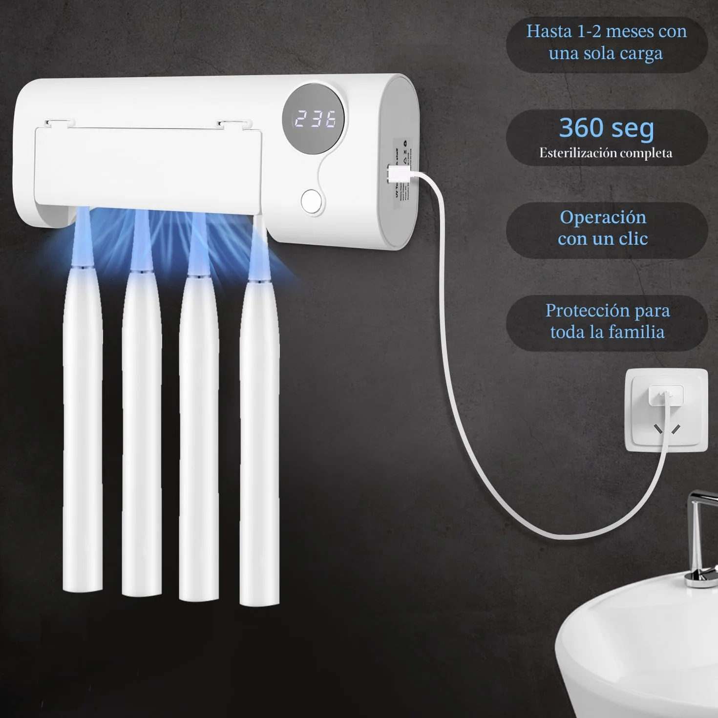 Soporte Cepillo de Dientes Eléctrico, Esterilizador Cepillo Dientes UV, Soporte Cepillo de Dientes Pared, Desinfectante Cepillo Dientes, Inalámbrico y Recargable USB, Organizador Baño sin Taladro