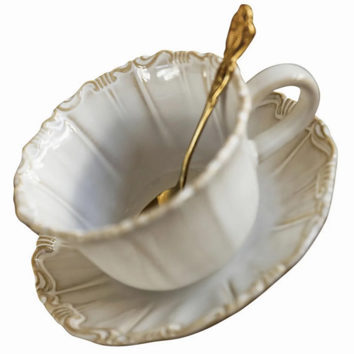 DECHOUS Juego de Taza de Cerámica Estilo Elegante Vintage de 300ml Platillo Antideslizante y Fácil de Limpiar, Adecuado para Disfrutar Café o Té en Casa