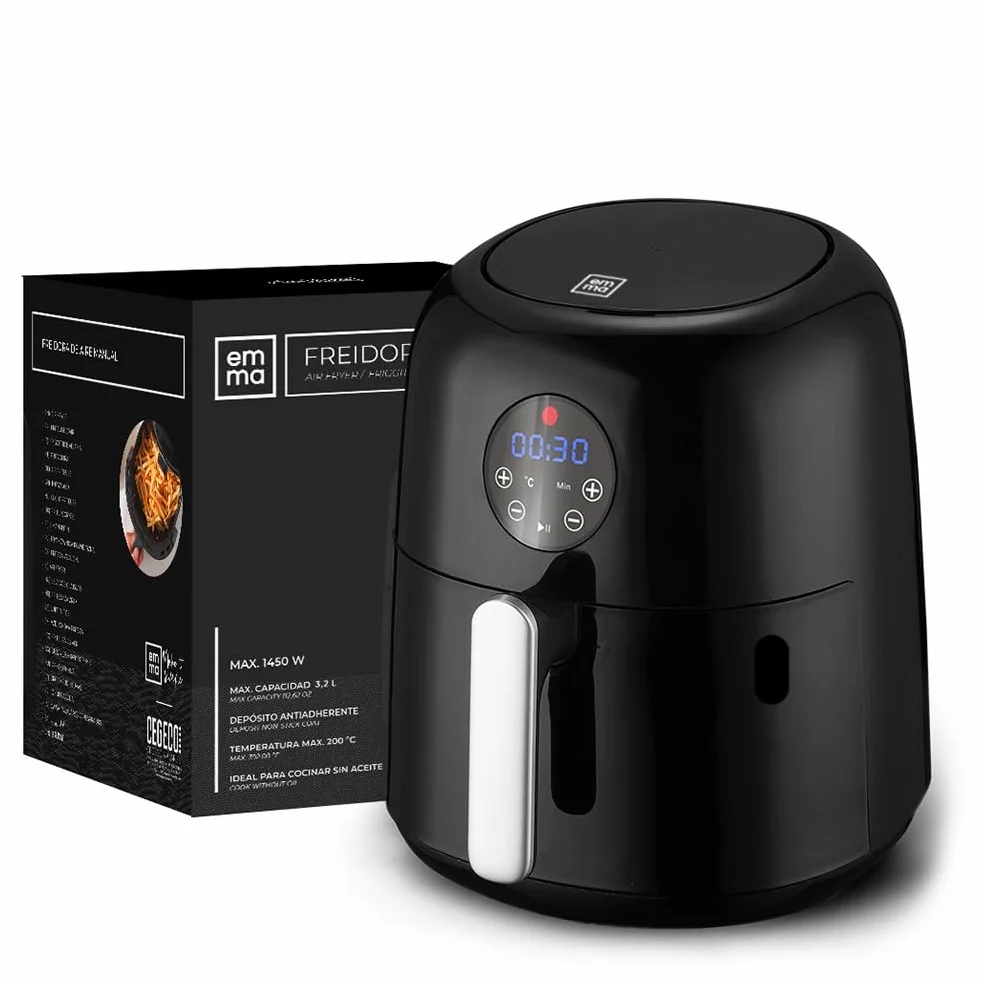 EMMA, Freidora de Aire, 3.2 L, Antiadherente, 1450W, 29x28,5x34 cm, Negro, Cocina Saludable sin Aceite, Cesta Antiadherente, Temperatura Ajustable, Ideal para Hogar y Familia
