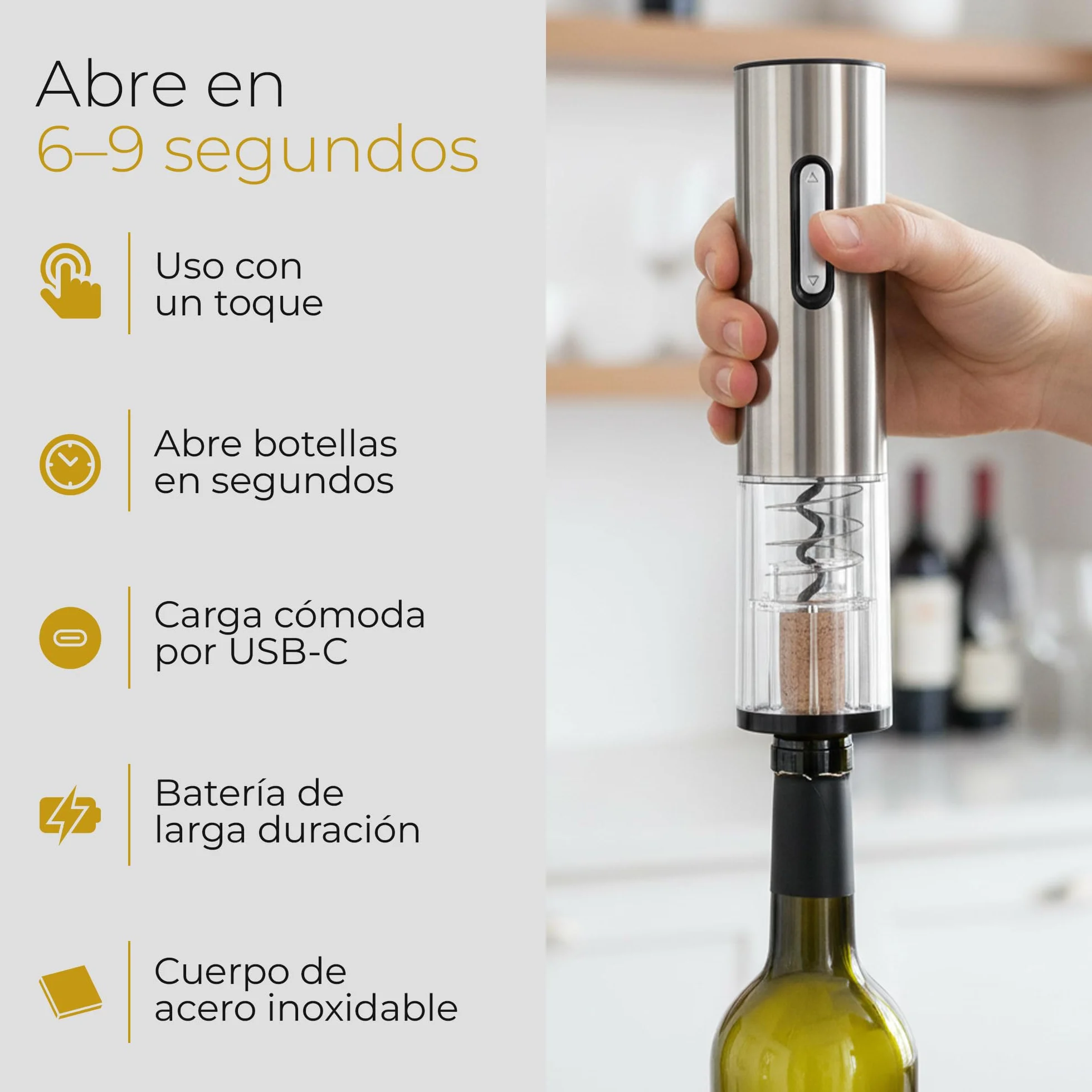 Sacacorchos Eléctrico Recargable para Vino con Cortacápsulas, Tapón de Vacío y Anillo Antigoteo, Set Abridor en Caja Regalo