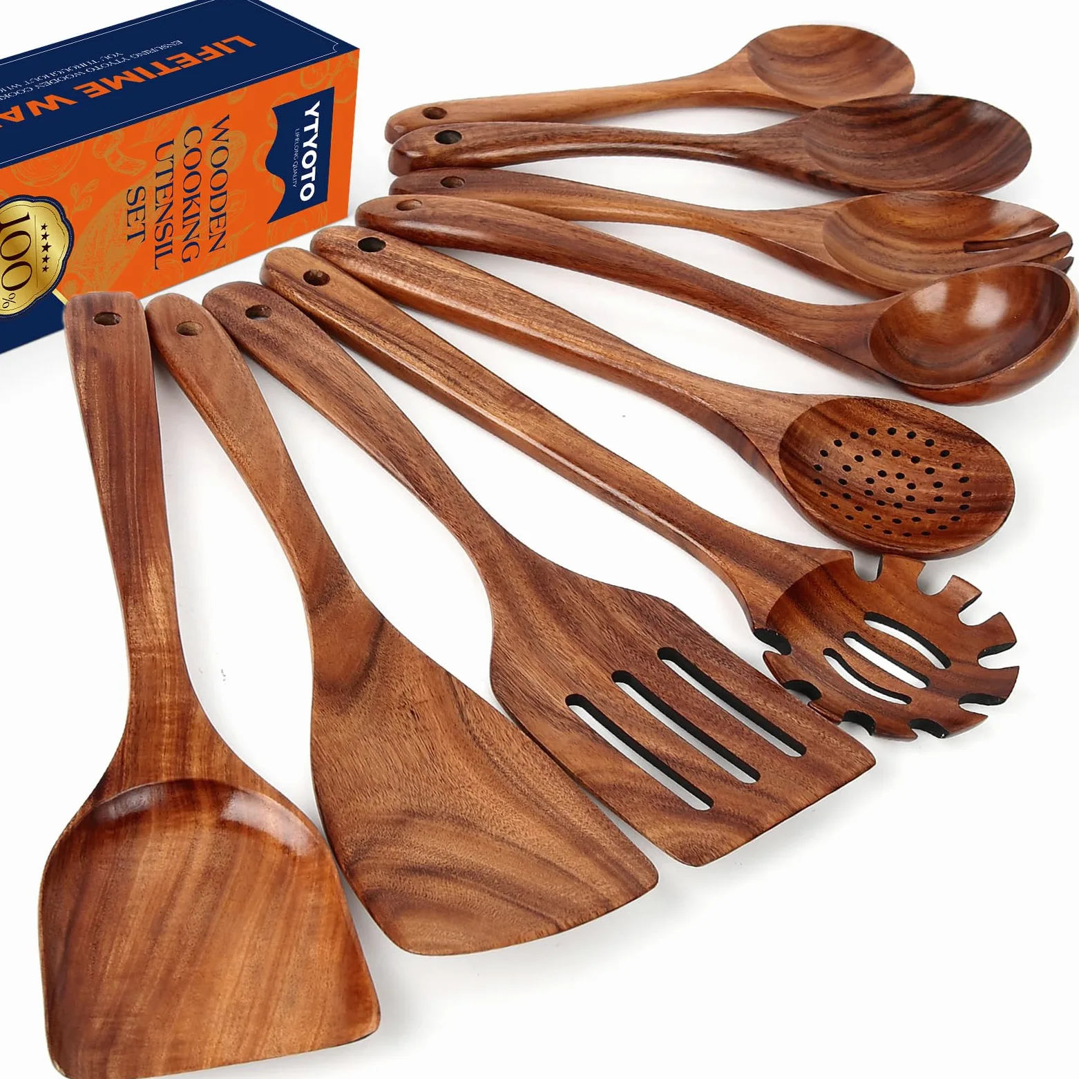 9 utensilios de cocina de madera, cucharas de madera para cocinar, juego de utensilios de cocina de madera de teca