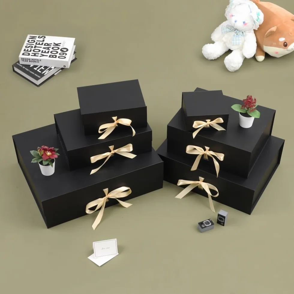 Caja de regalo grande Negro con tapa 32x28x13,5 cm, caja para regalo Empaque cumpleaños, caja de zapatos al por mayor, Navidad Incluye relleno de papel triturado, tarjeta de sobre y cinta