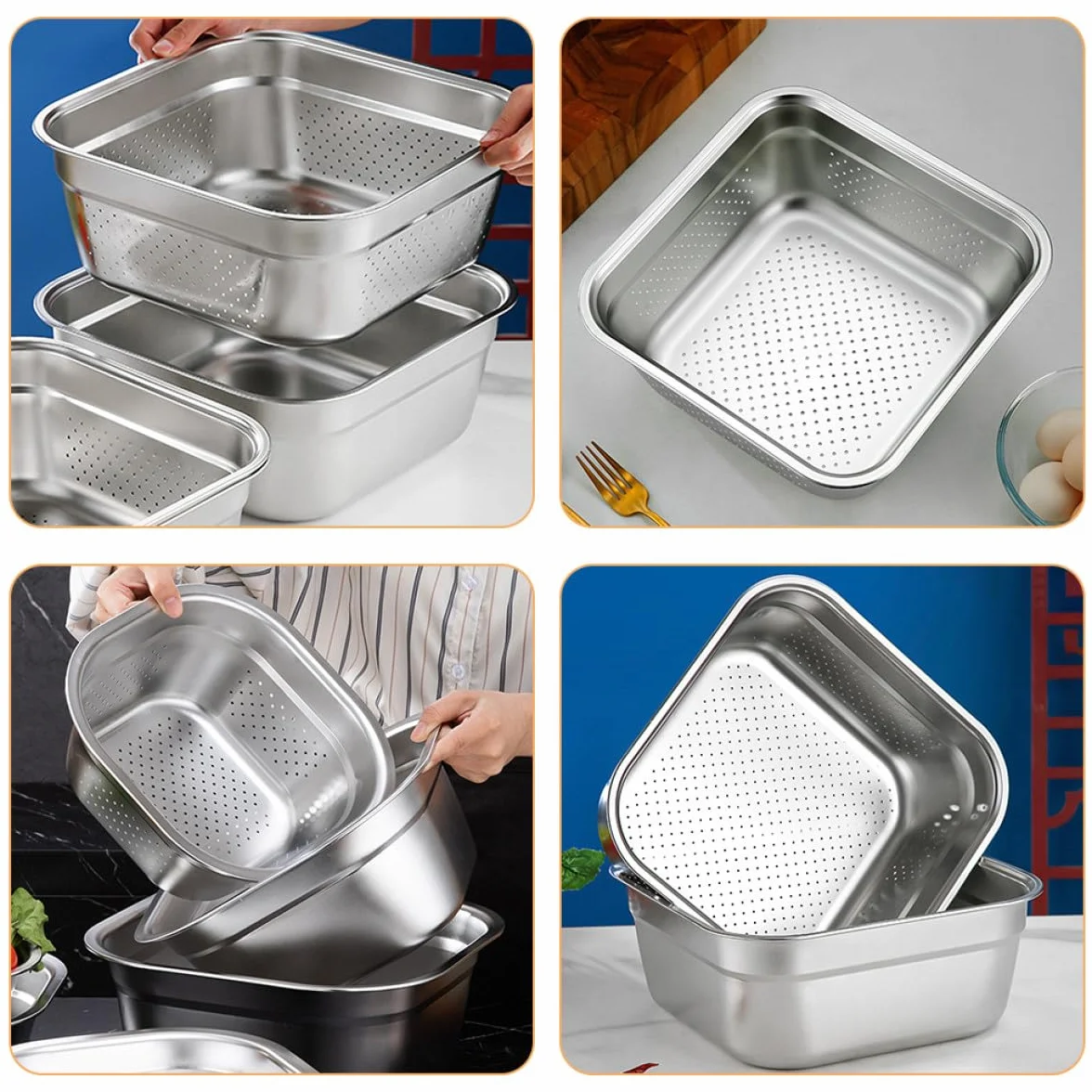 Colador de Acero Inoxidable de Gran Capacidad Forma Cuadrada, Resistente y Ahorra Espacio, Adecuado para Cocinar y Lavar Verduras y Frutas Cocina